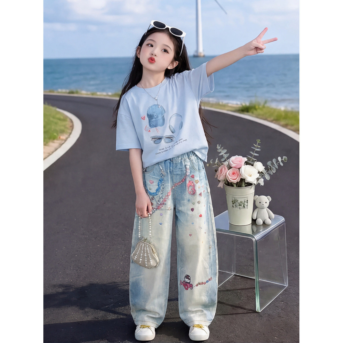 女童夏季休闲短袖宽松直筒阔腿裤