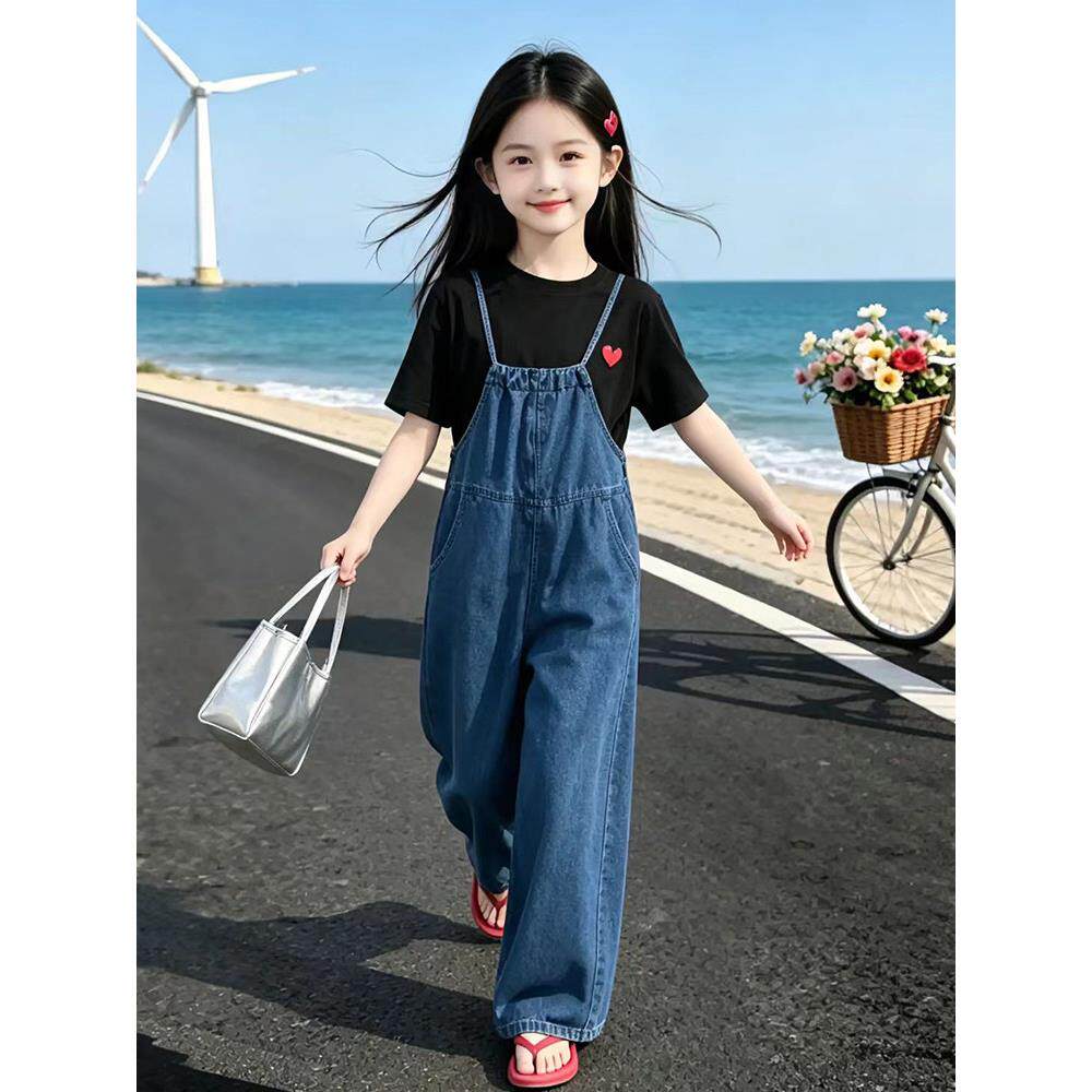女童夏季背带裤套装2026新款儿童短袖T恤夏装女孩阔腿裤两件套