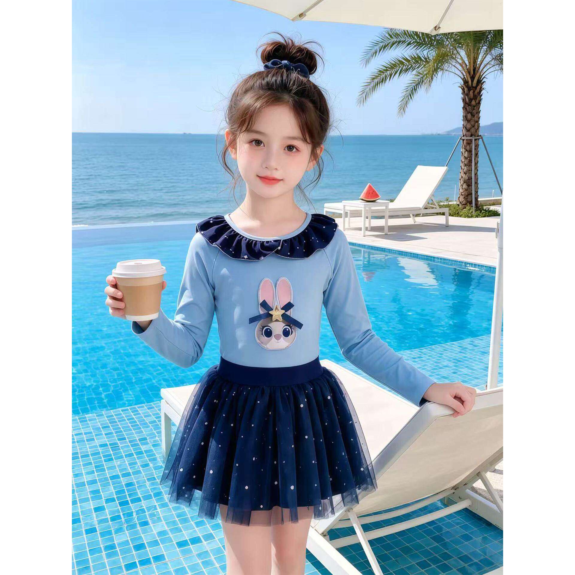 女童连体泳衣2026新款卡通兔子花边长袖防晒中小童蓬蓬裙子游泳装