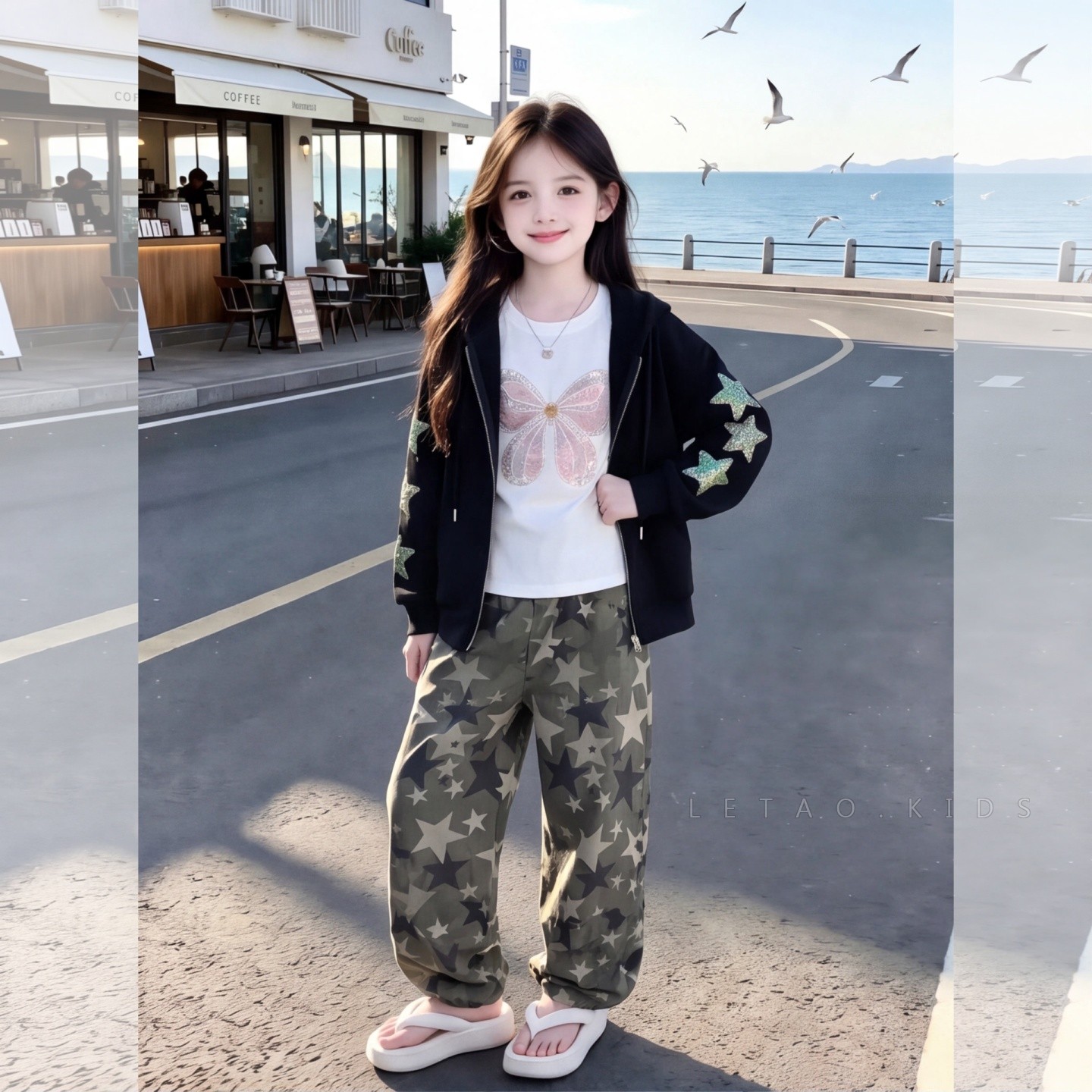 女童秋季时髦套装烫钻五角星连帽