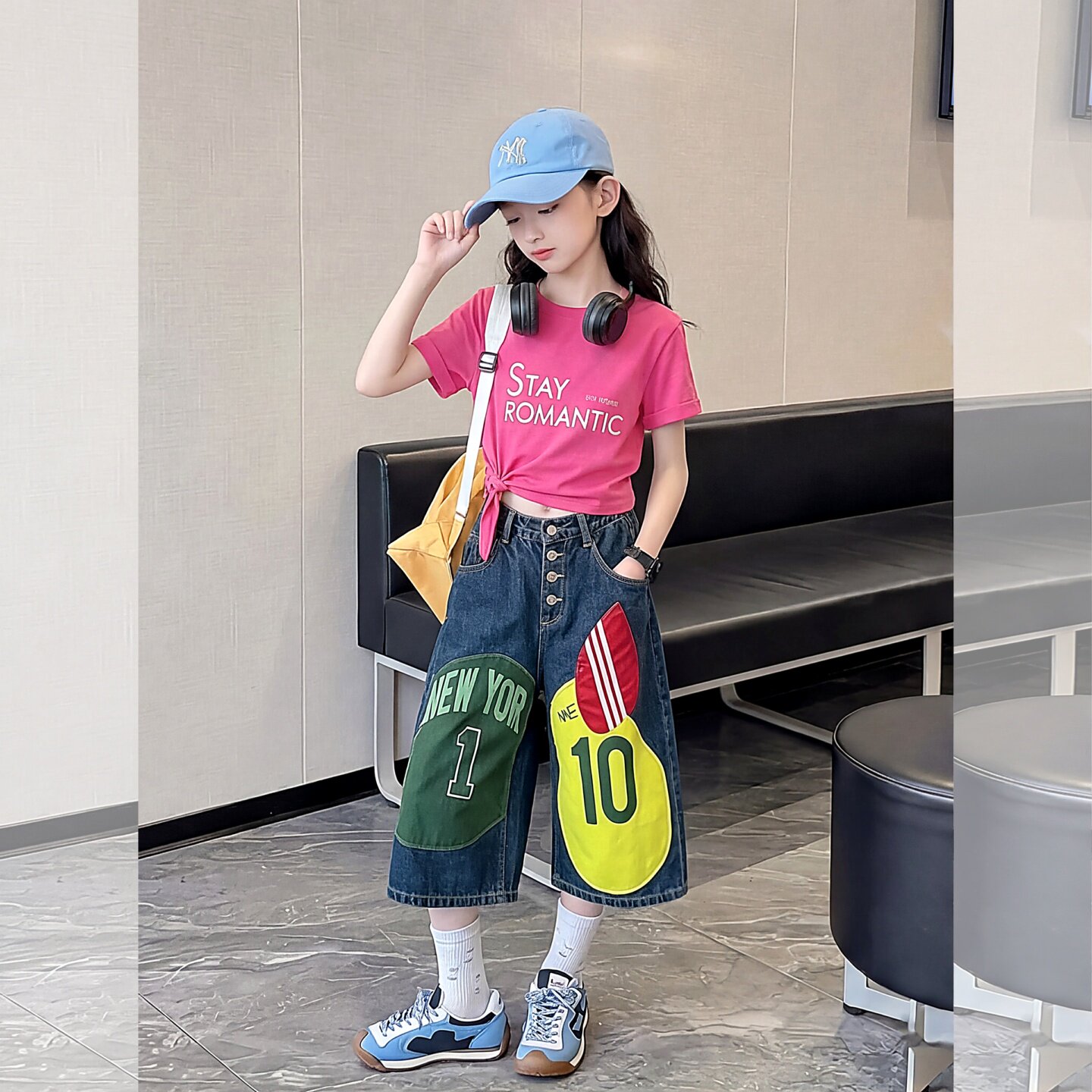 女童夏玫红短袖T恤字母上衣绑T恤