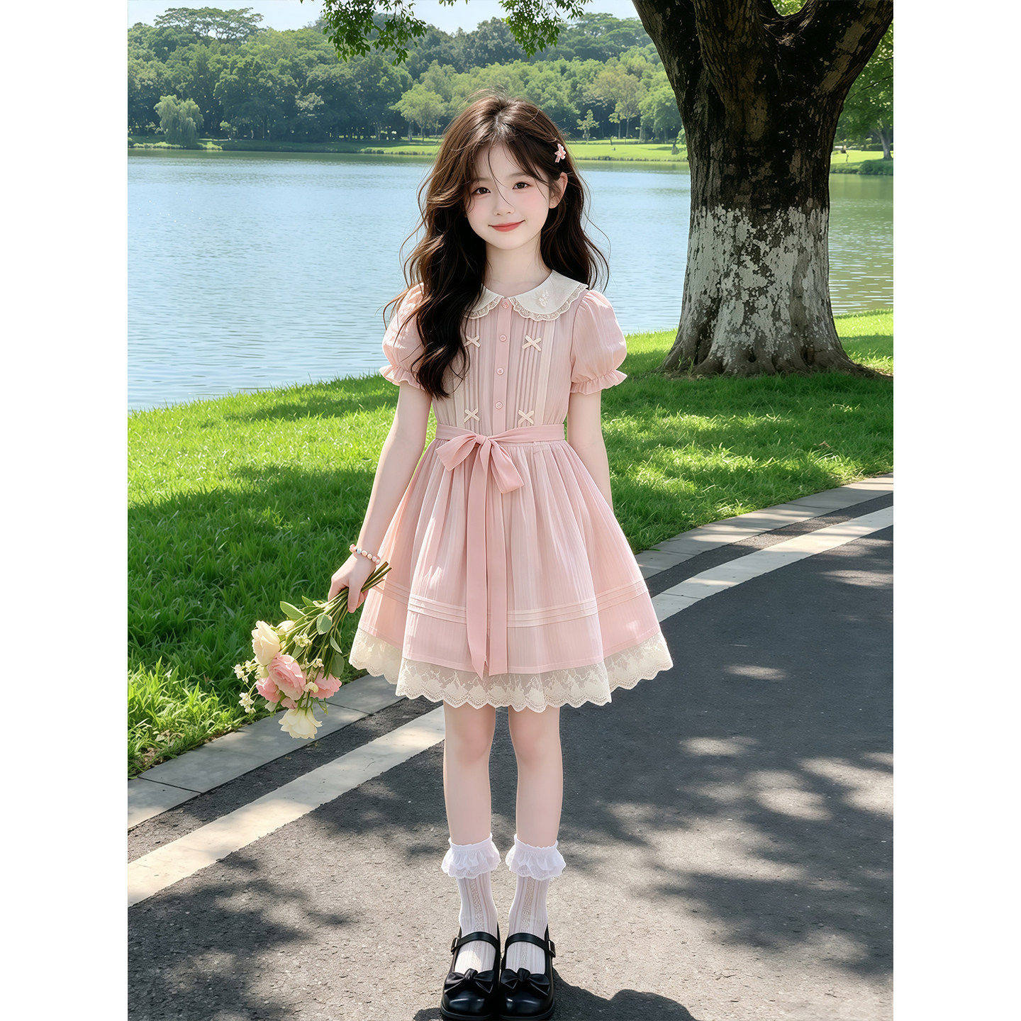 女童娃娃领洋装夏装2026新款儿童洋派泡泡袖裙子夏季蕾丝公主裙