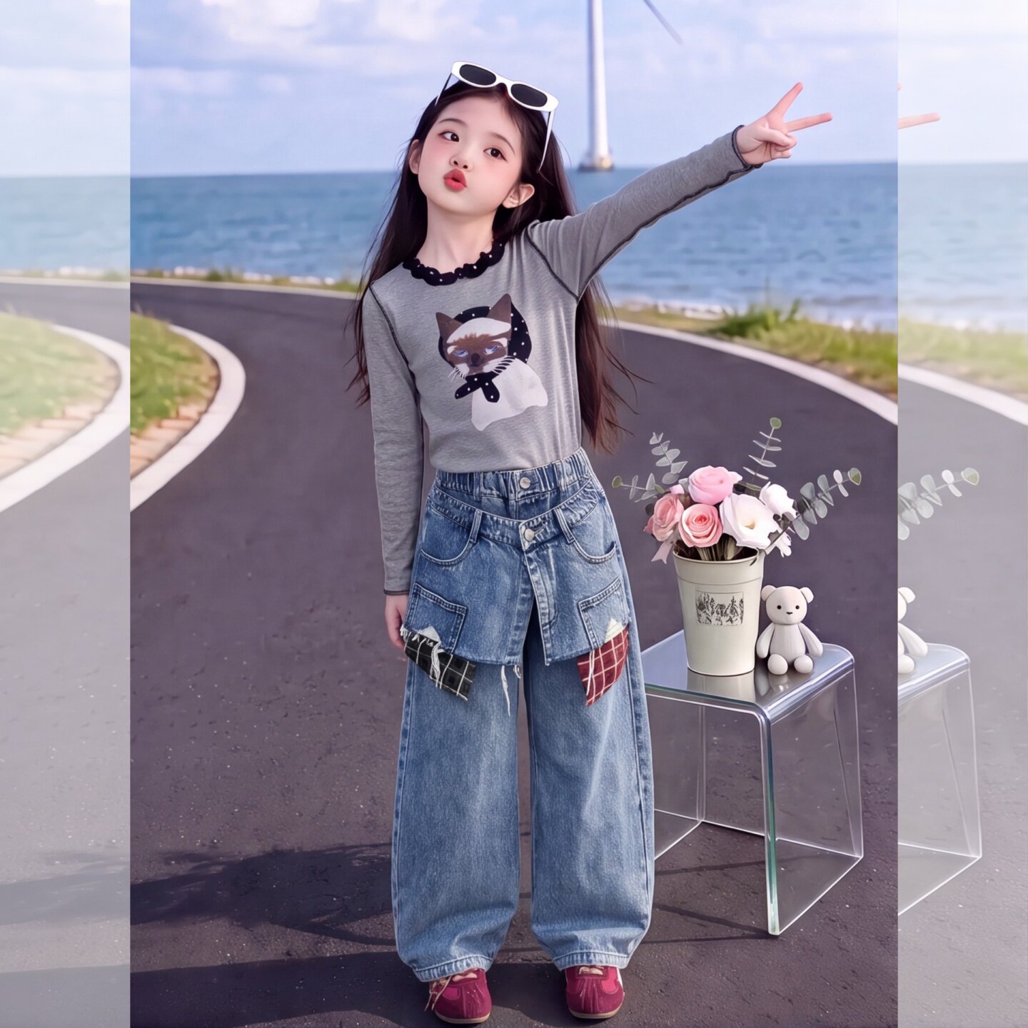女童韩系洋气时髦牛仔裤套装秋款