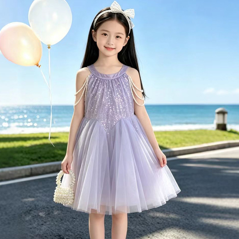 女童挂脖连衣裙夏季2026新款儿童亮片裙子夏装女孩网纱生日礼服裙