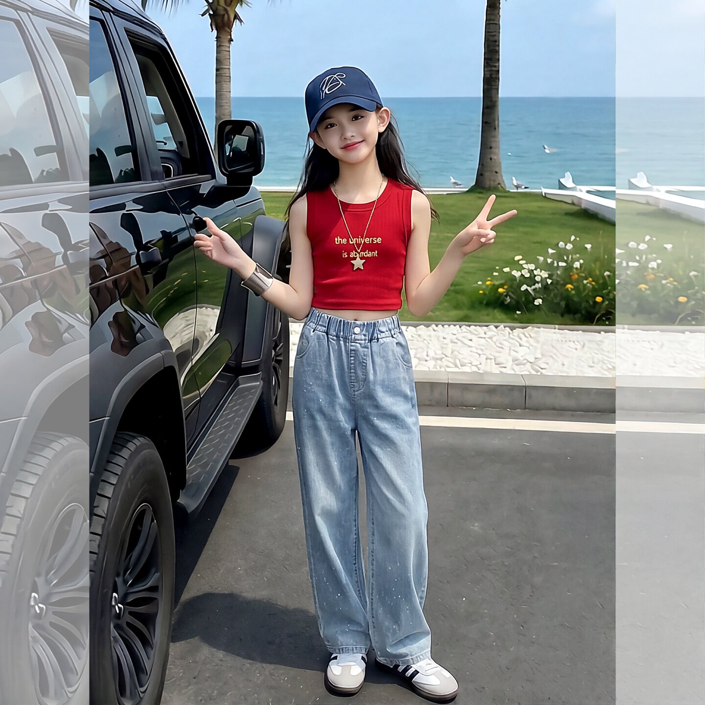 女童夏季薄款直筒亮钻牛仔阔腿裤