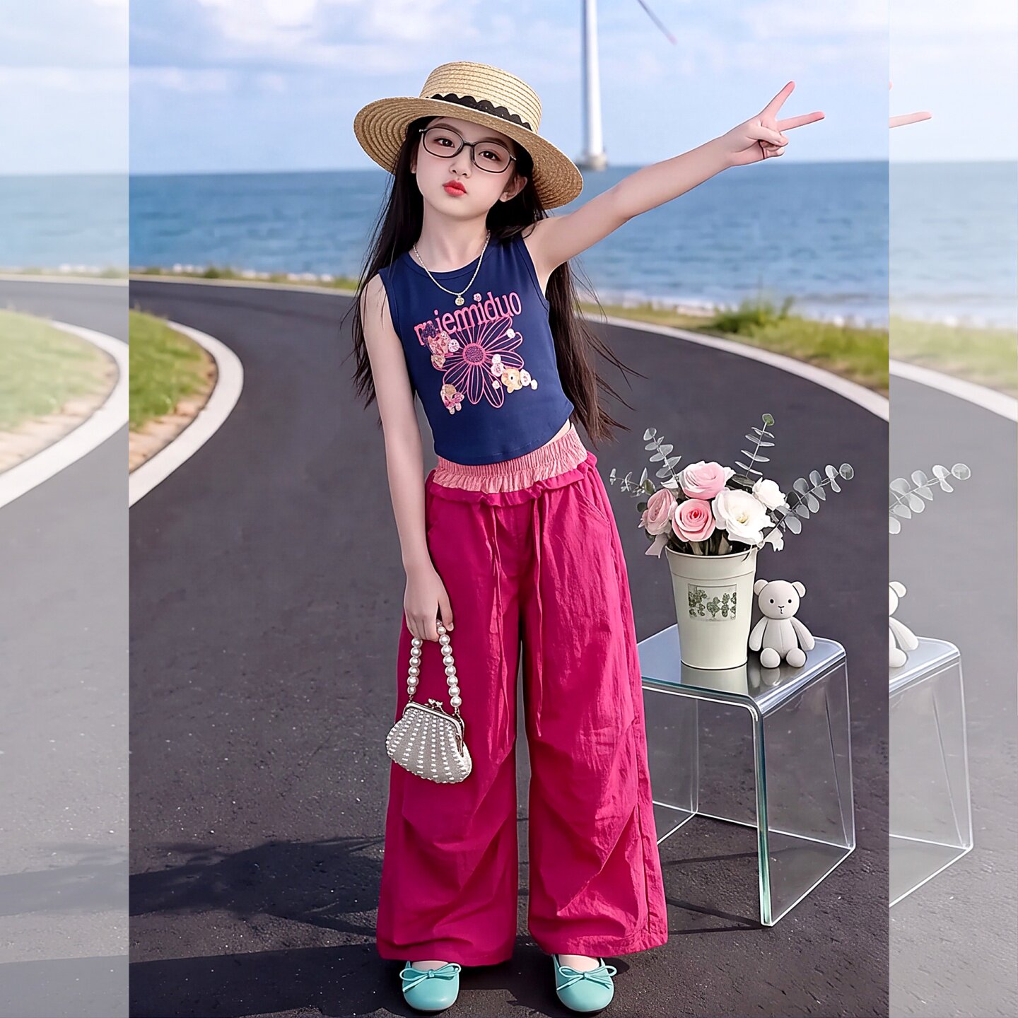女童街舞2026夏季新款抽绳阔腿裤