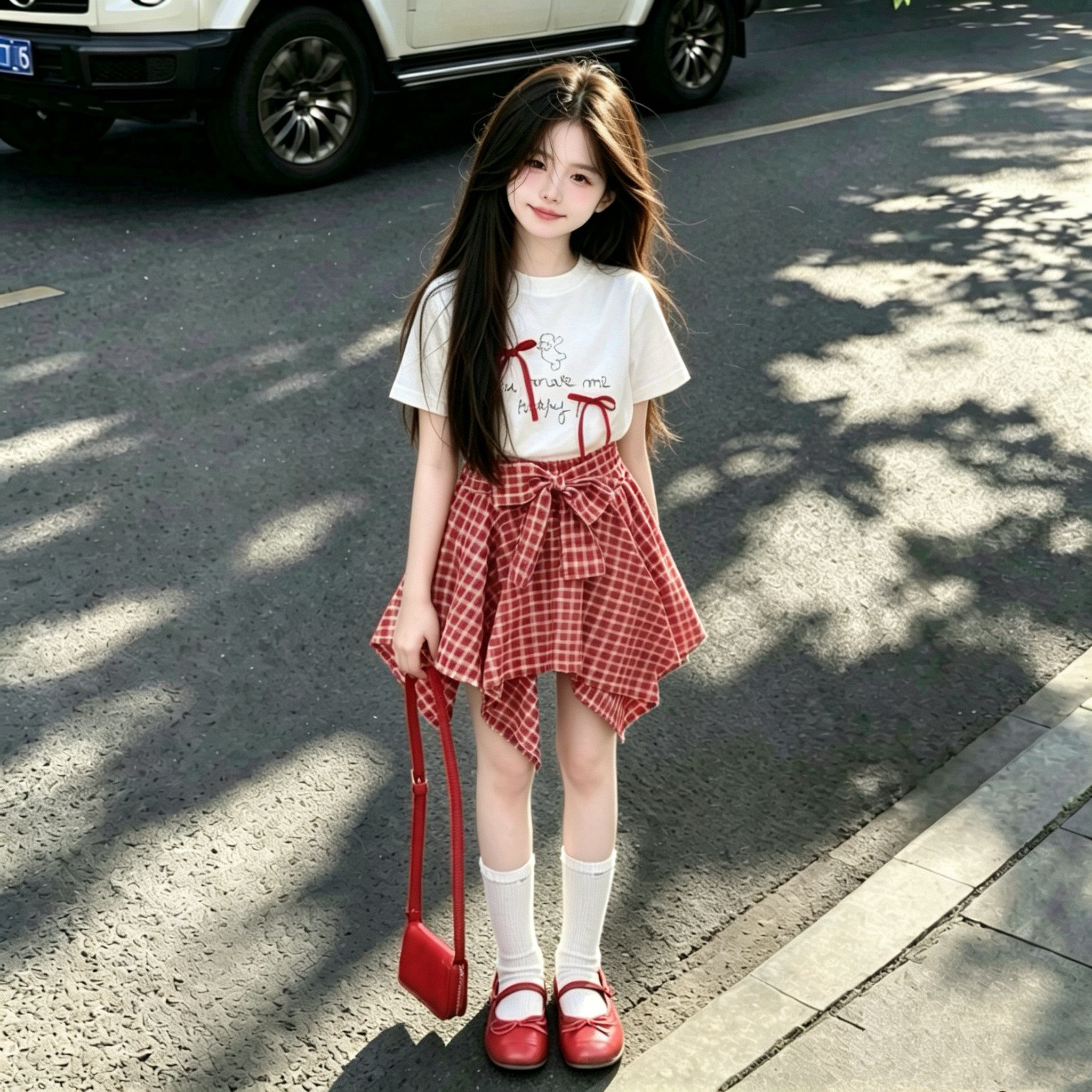 女童套装2026夏装新款韩版儿童洋气蓬蓬裙夏季女孩红色格子半身裙