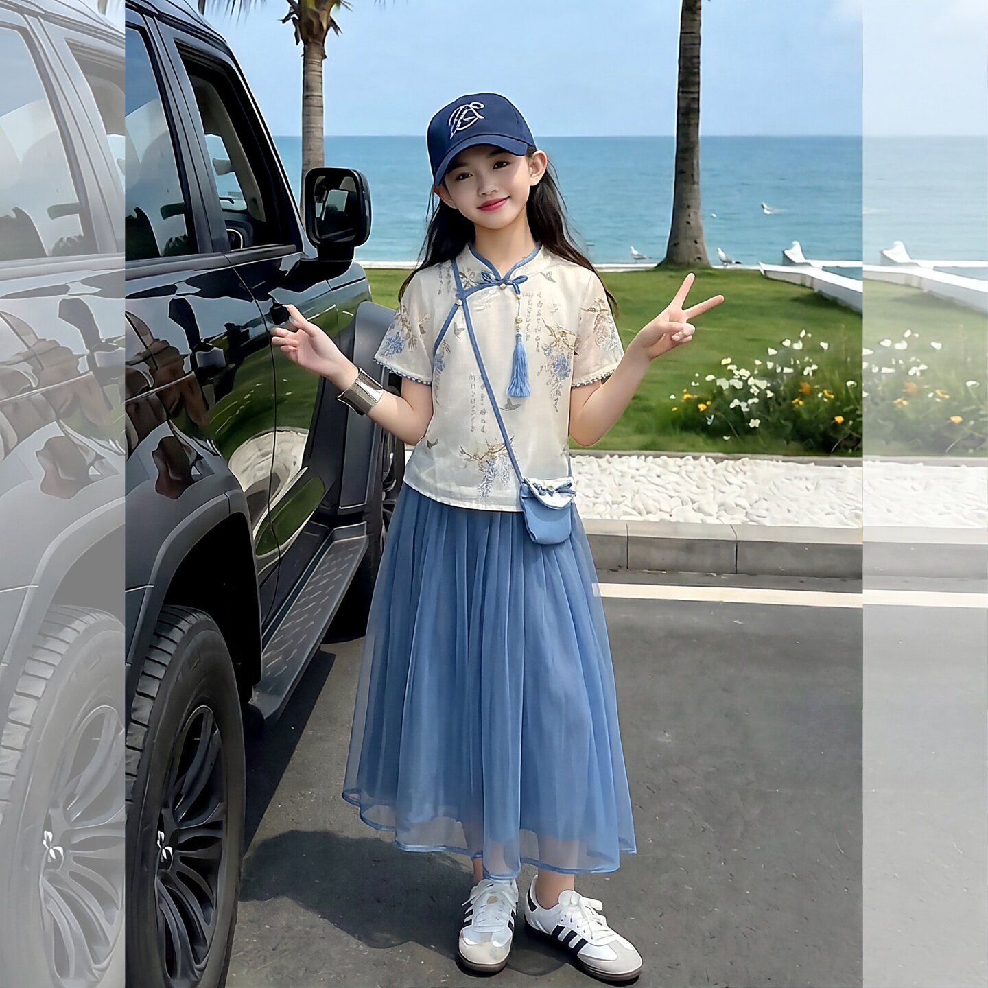 女童新中式汉服盘扣短袖纱裙套装