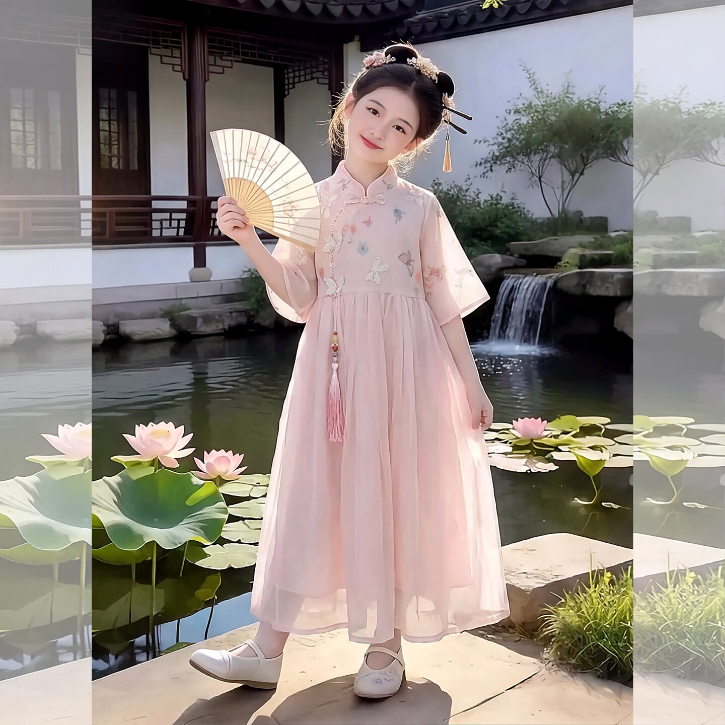 女童夏立领盘扣蝴蝶刺绣浅粉长裙