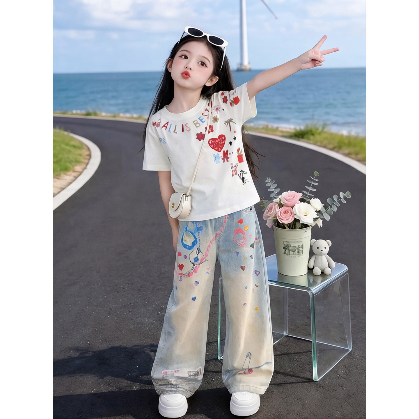 女童短袖套装夏季韩版女孩牛仔裤