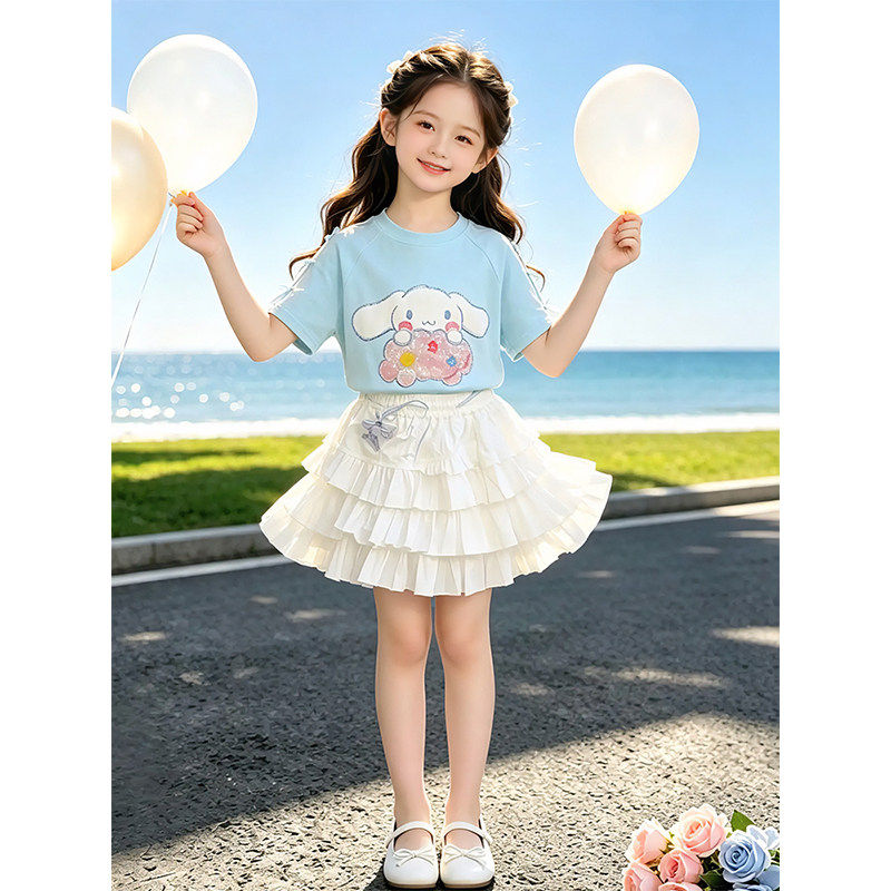 女童夏季套装2026新款儿童印花短袖T恤夏装女孩甜美蛋糕裙两件套