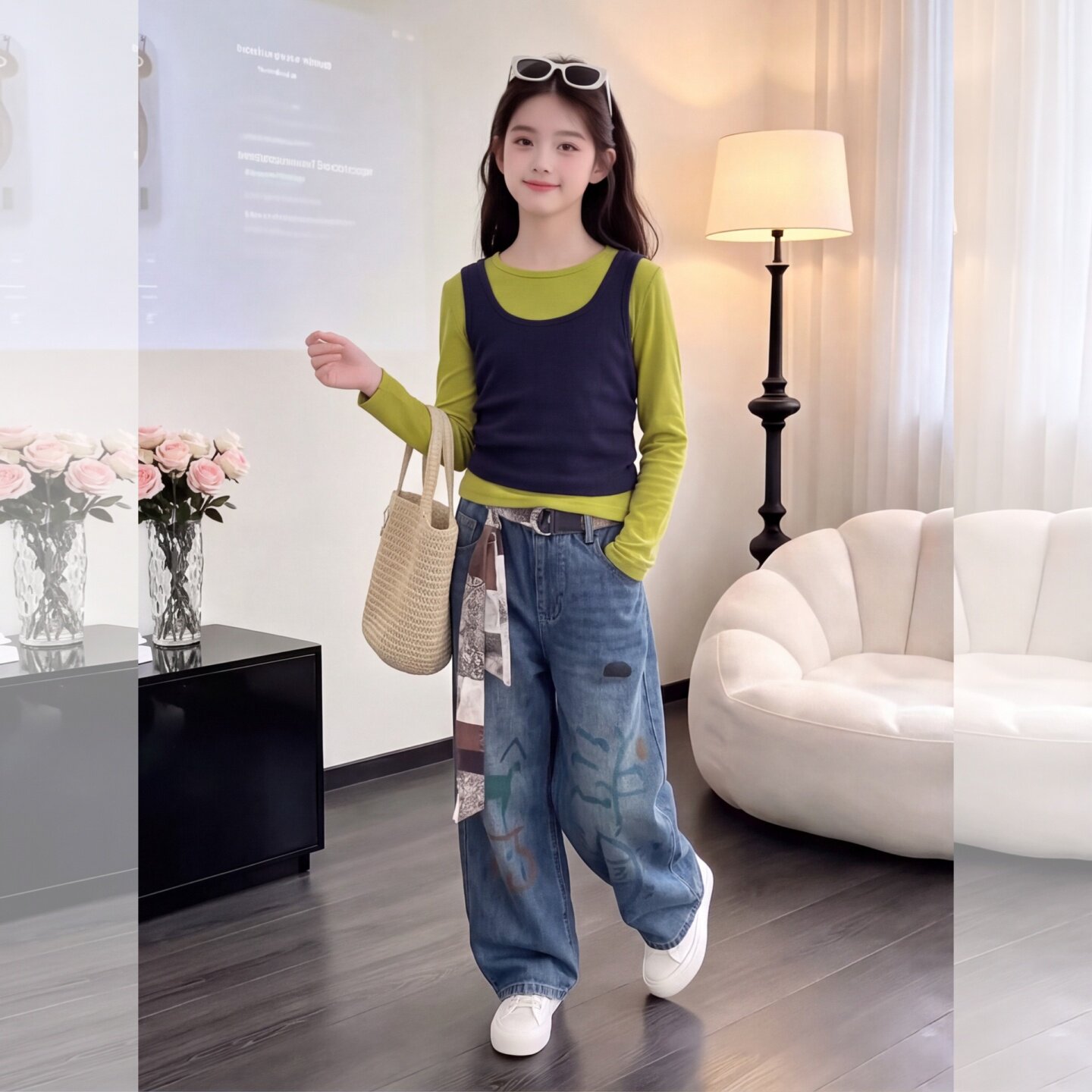 女大童秋季马甲背心长袖牛仔裤假