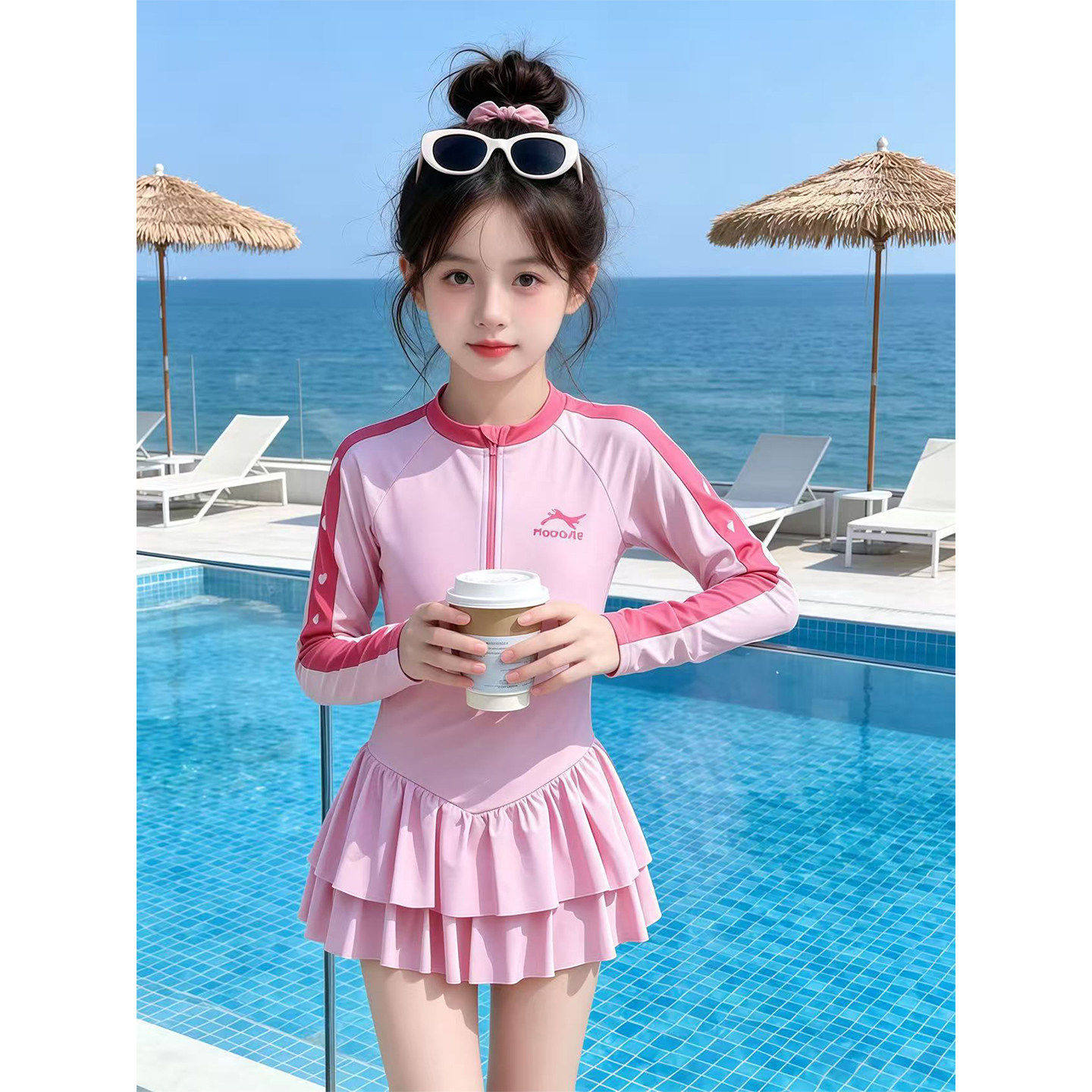 泳衣女儿童2026新款女童裙式连身游泳衣夏季女孩长袖防晒高级泳装