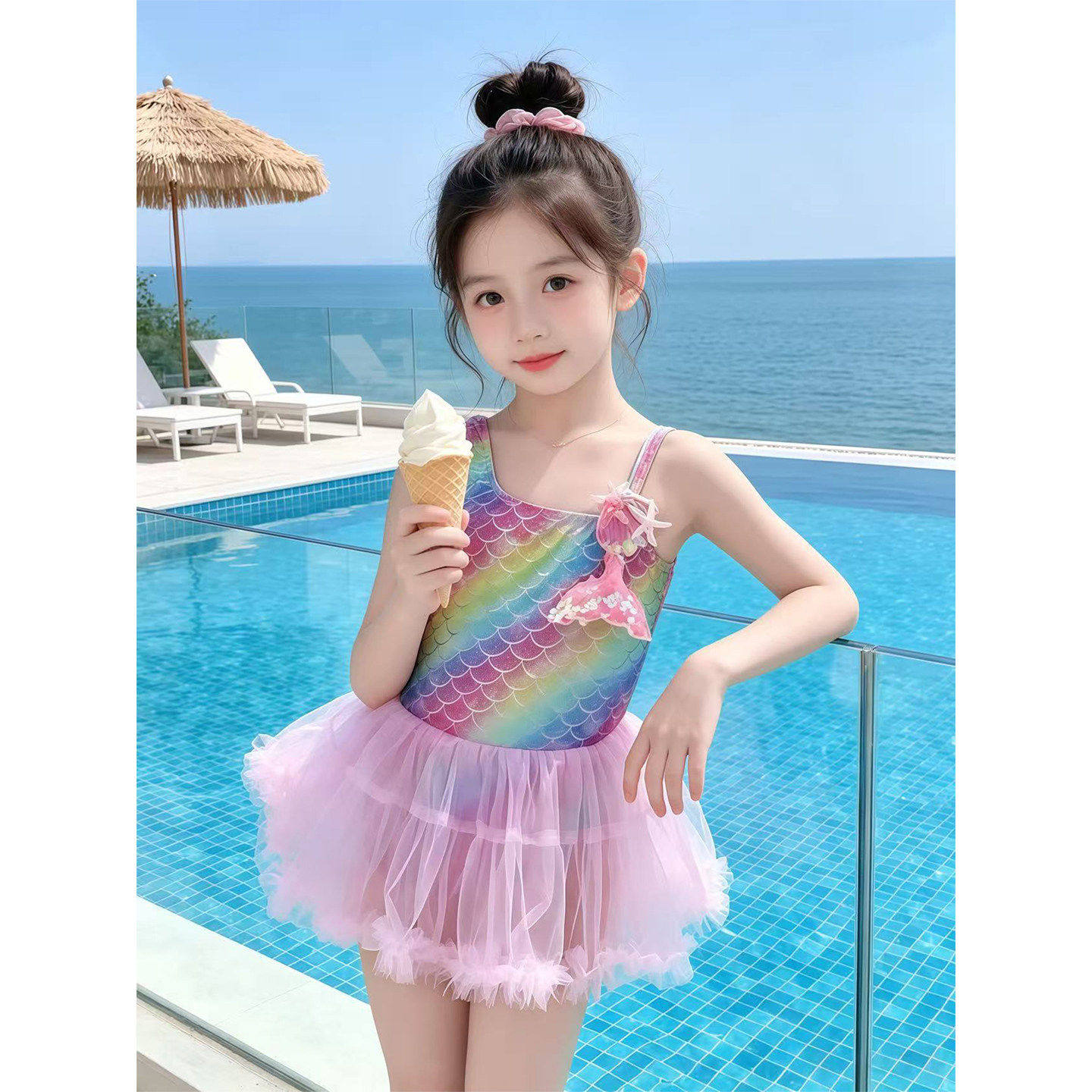 女童连身泳衣2026新款渐层鳞片蓬蓬纱裙速干泳装儿童高颜值游泳衣