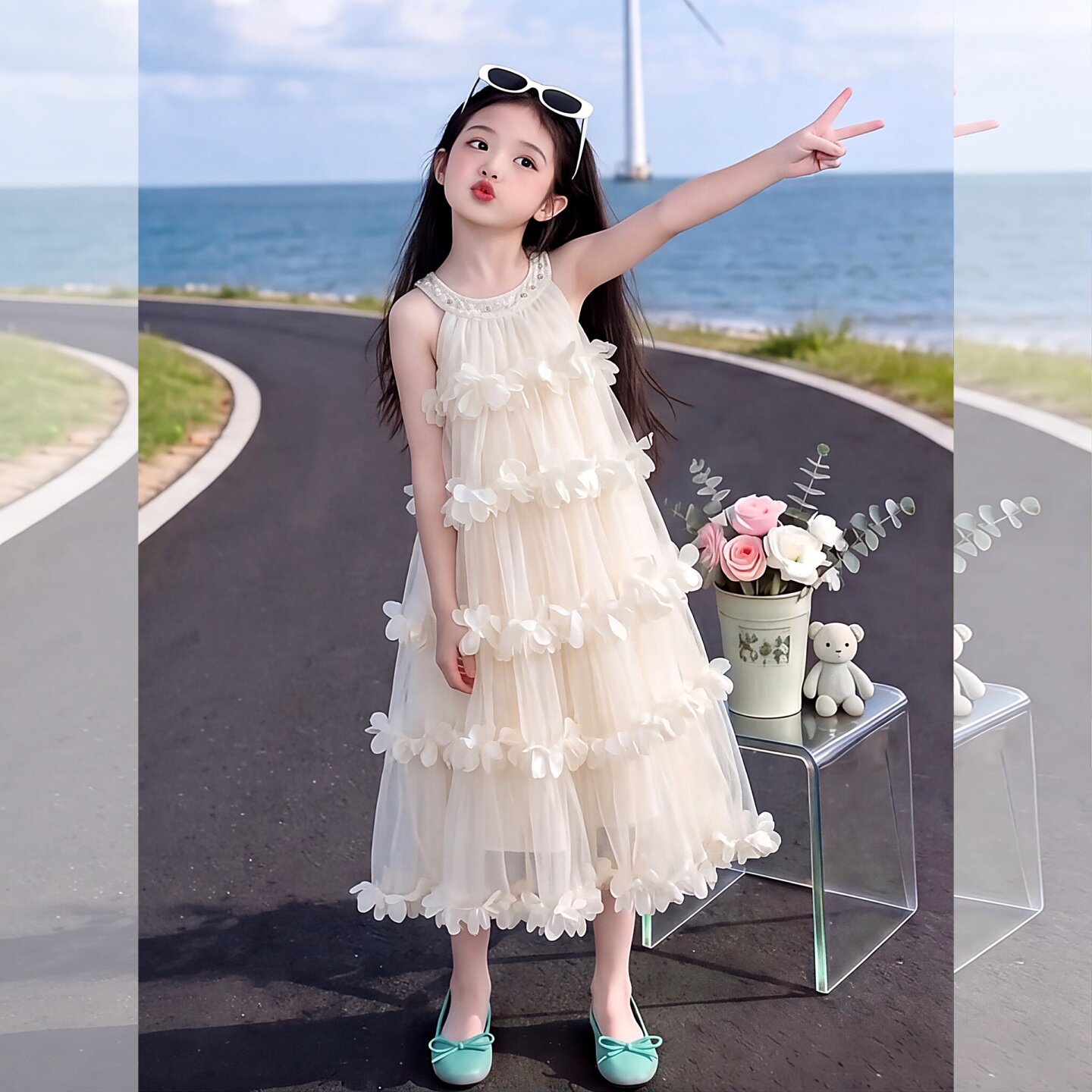 女童挂脖蛋糕裙连衣裙夏季2026新款儿童高级感礼服女孩漂亮公主裙