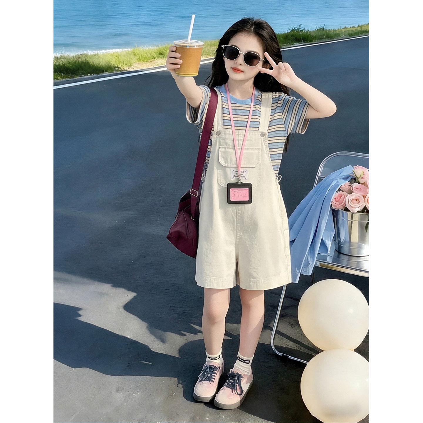 女童背带裤洋气短袖短裤两件套装
