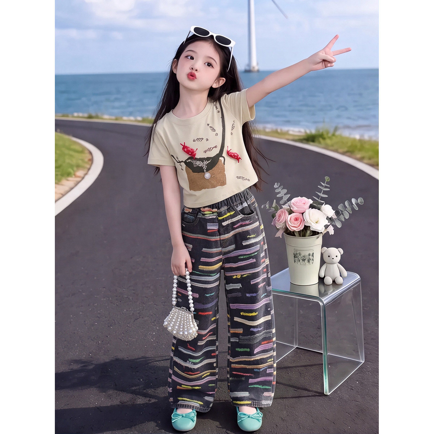 设计感女童立体糖果洋气短袖套装
