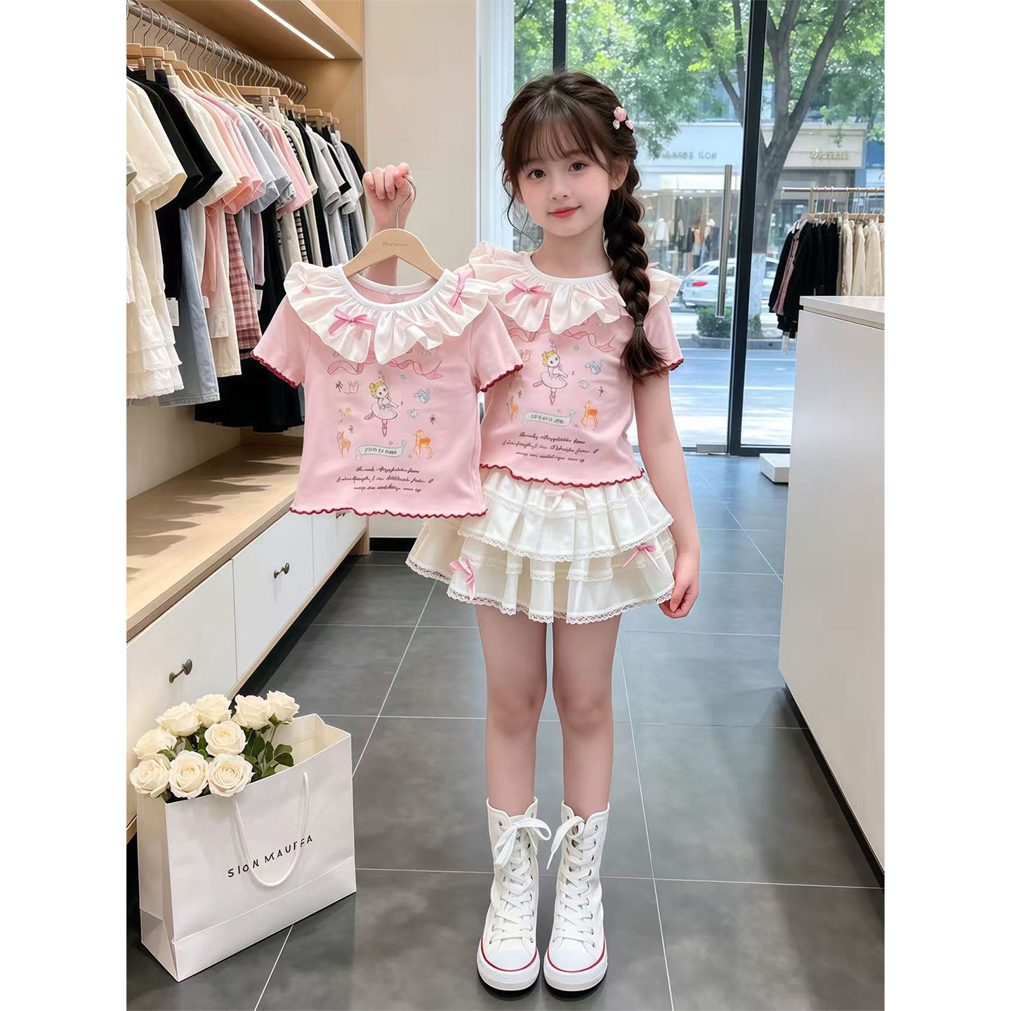 女童夏季甜美可爱风套装2026新款儿童洋气娃娃领短袖蛋糕裙两件套