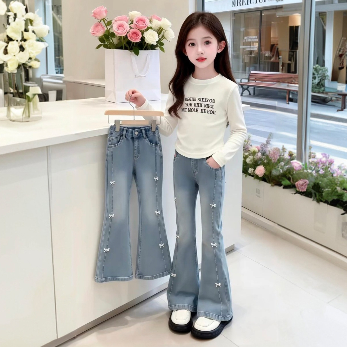 女童喇叭裤春秋季2026新款儿童洋气牛仔裤女大童秋装时髦微喇裤子
