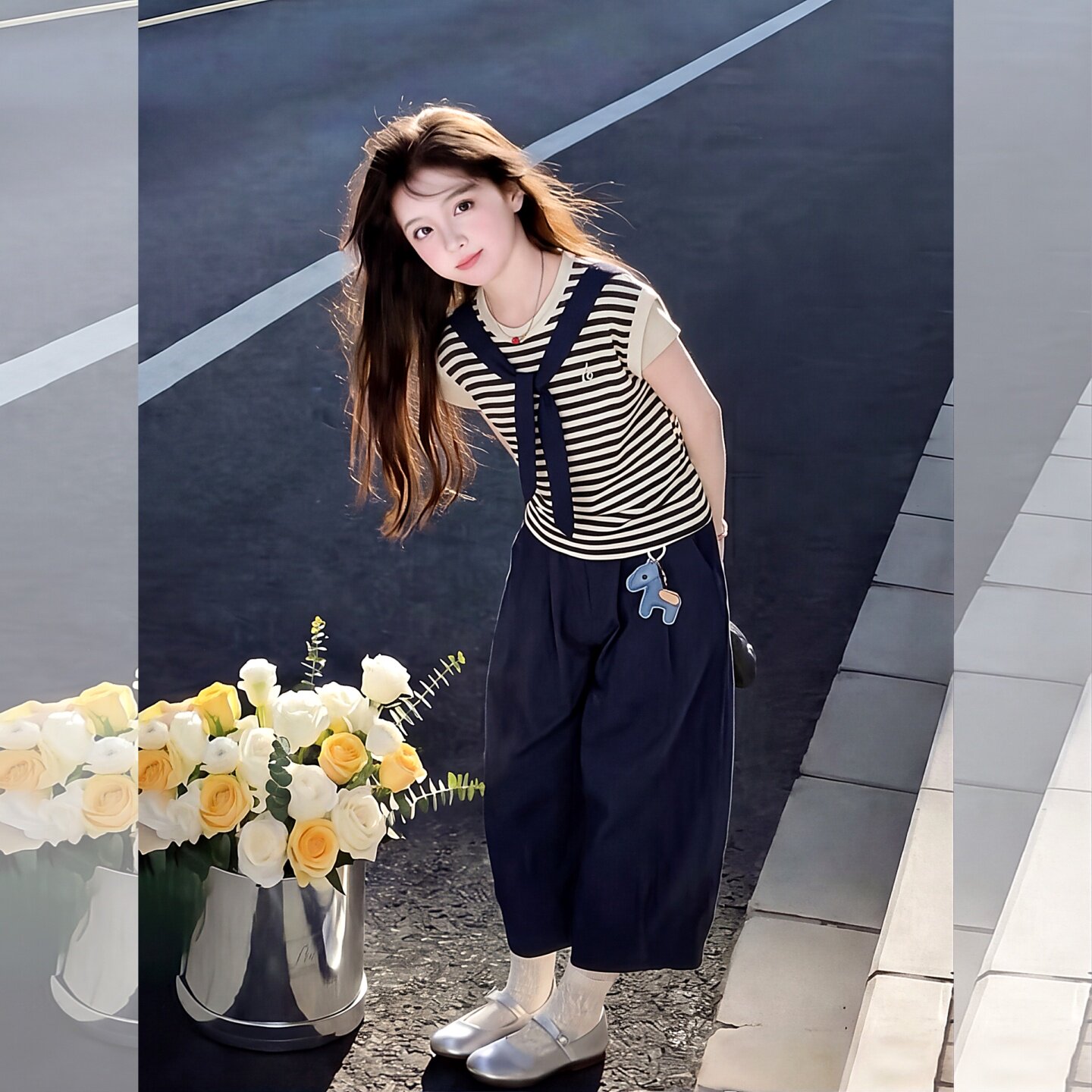 女童条纹短袖套装2026新款韩系儿