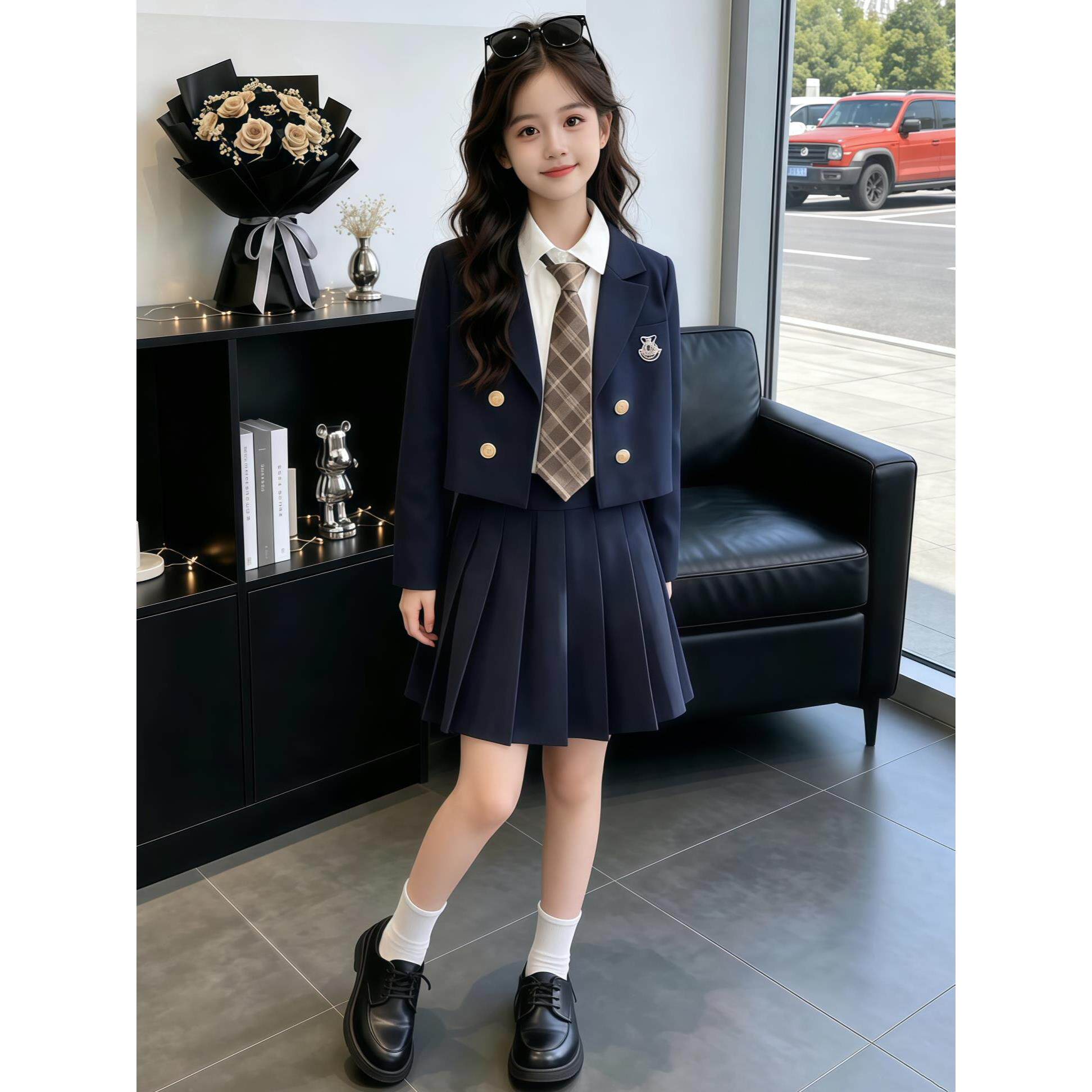 韩版百搭新潮女童学院风西装套装春秋新款洋气jk制服百褶裙三件套