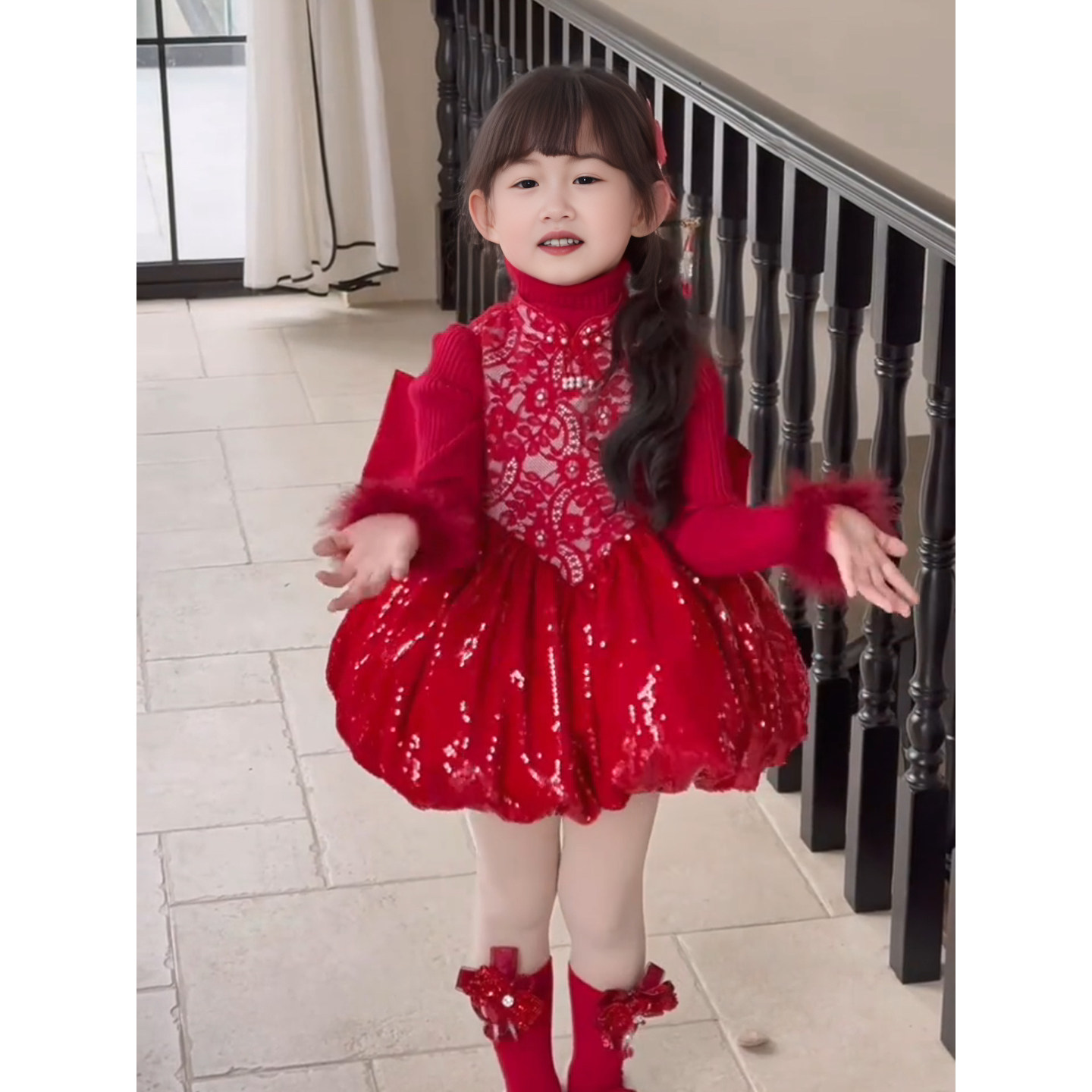 女童红色新中式剪纸蕾丝背心花苞裙过新年拜年服儿童迪士尼公主裙