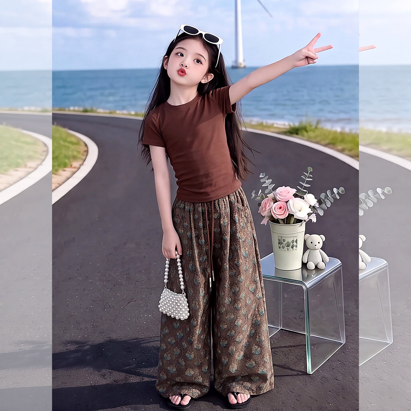 复古碎花阔腿裤女童2026夏季松紧
