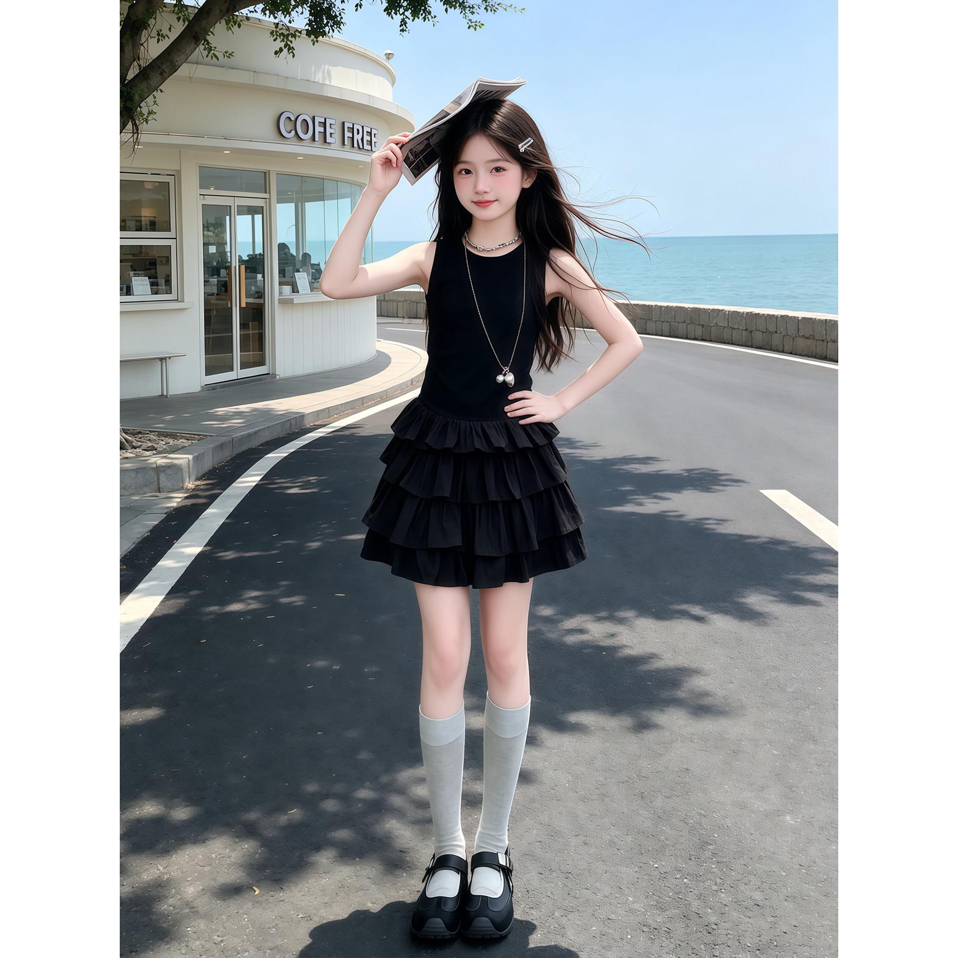 女童韩系连衣裙夏款2026新款儿童洋气黑色裙子女孩夏季背心蛋糕裙