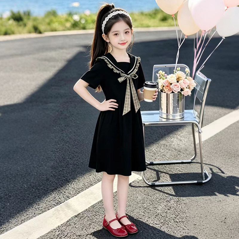 女童连衣裙夏季2026新款儿童学院风裙子夏装女孩蝴蝶结公主裙洋气