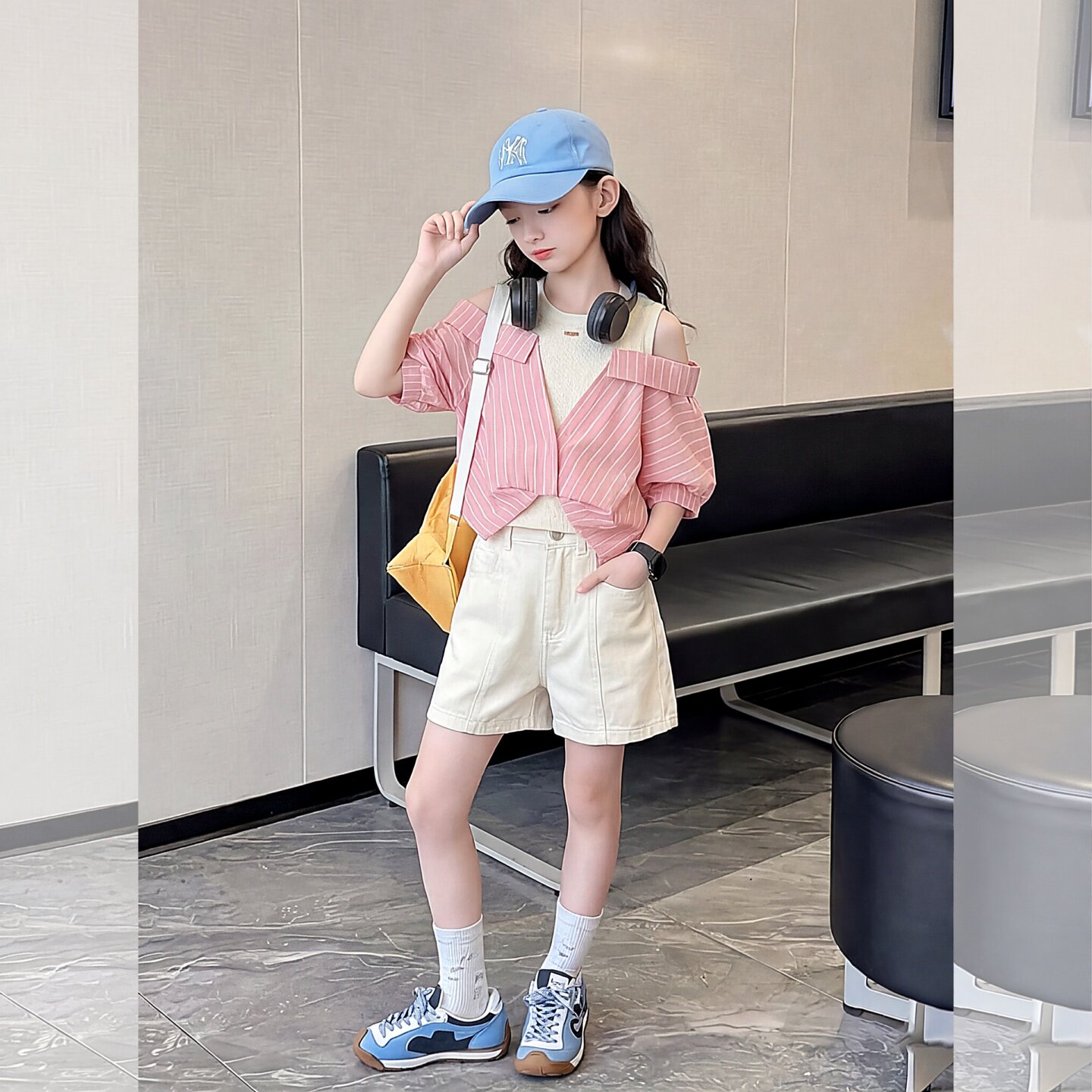 女童夏露肩假两件短袖衬衫短裤套