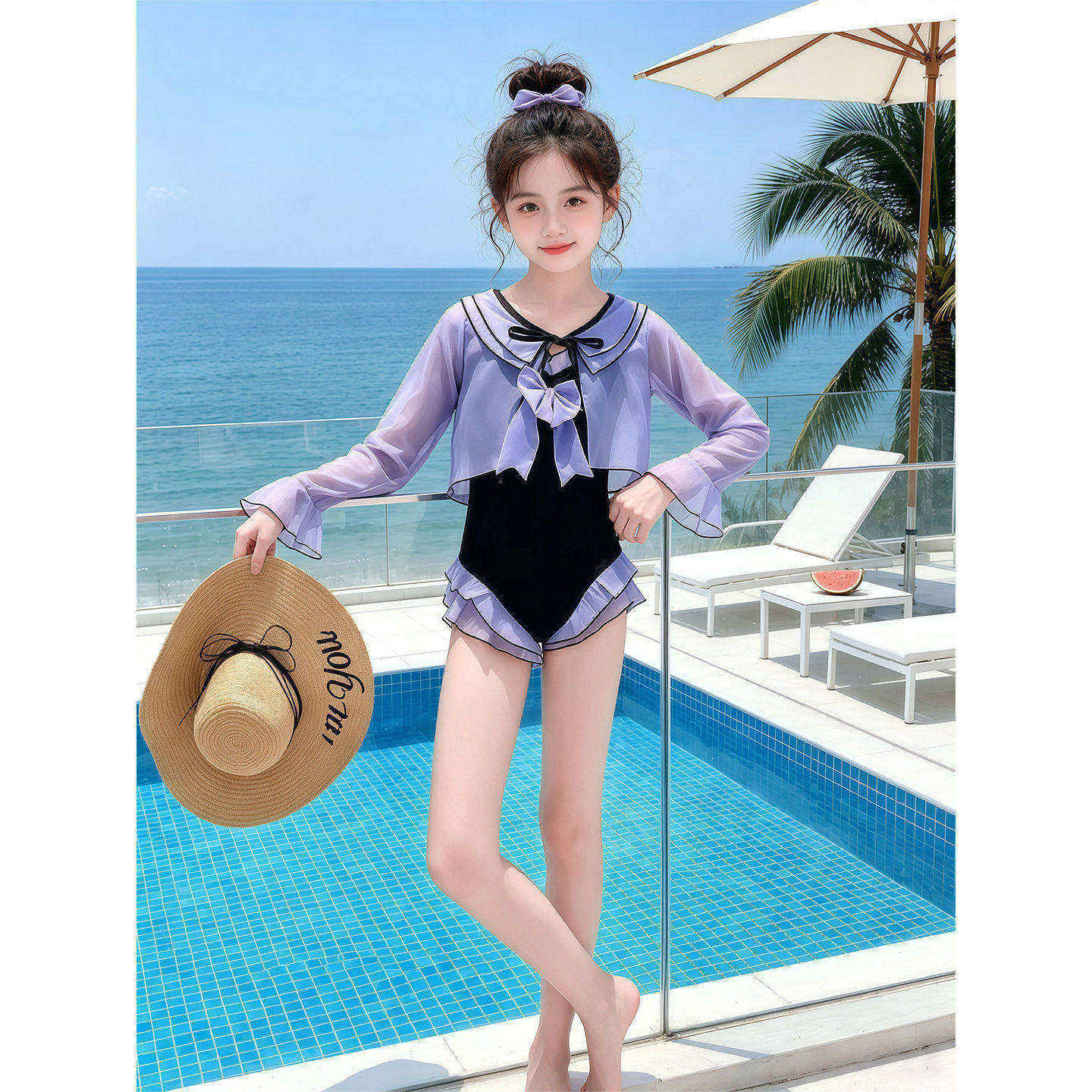 夏季新款连身泳衣2026新款中大童荷叶边少女度假泡温泉两件套泳装