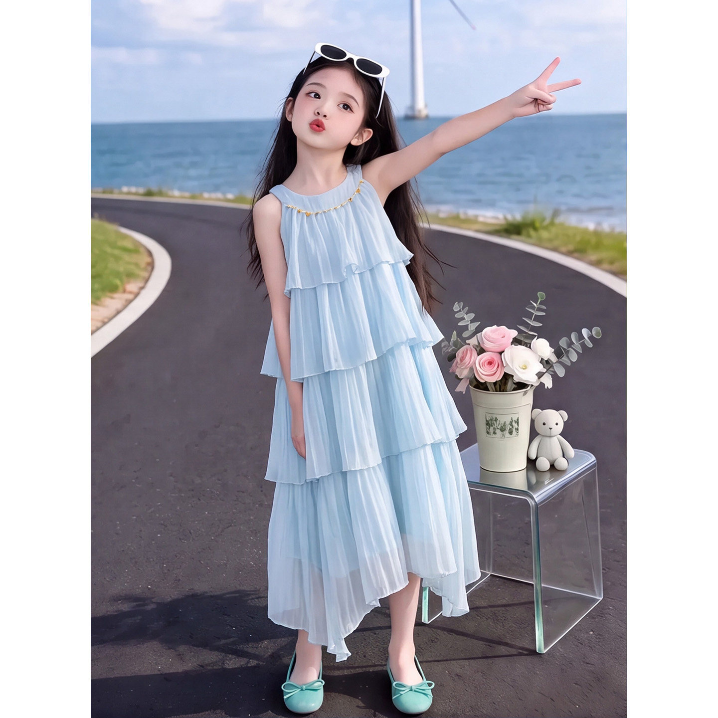 女童夏季无袖挂脖连衣裙2026新款