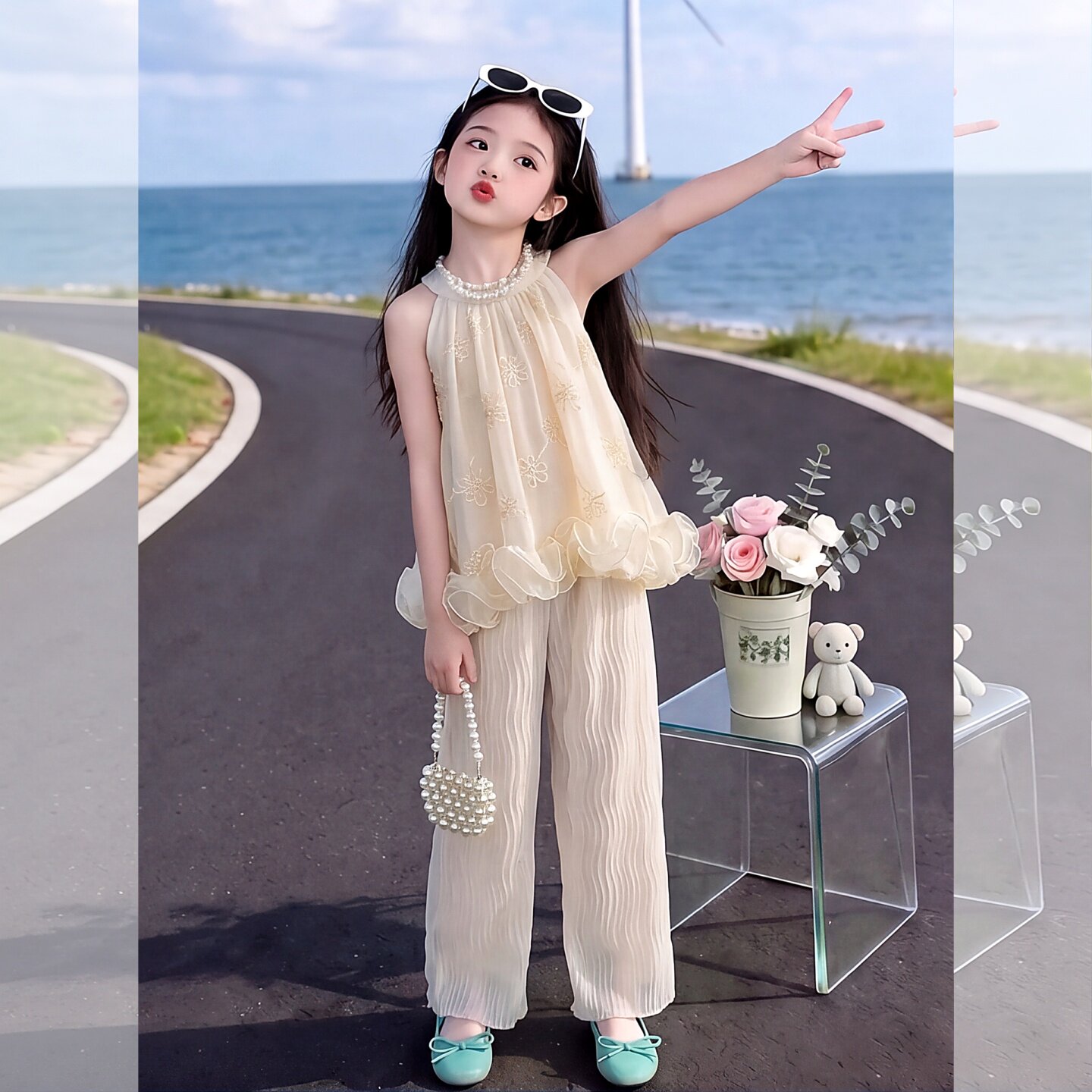 女童挂脖无袖上衣阔腿裤两件套夏
