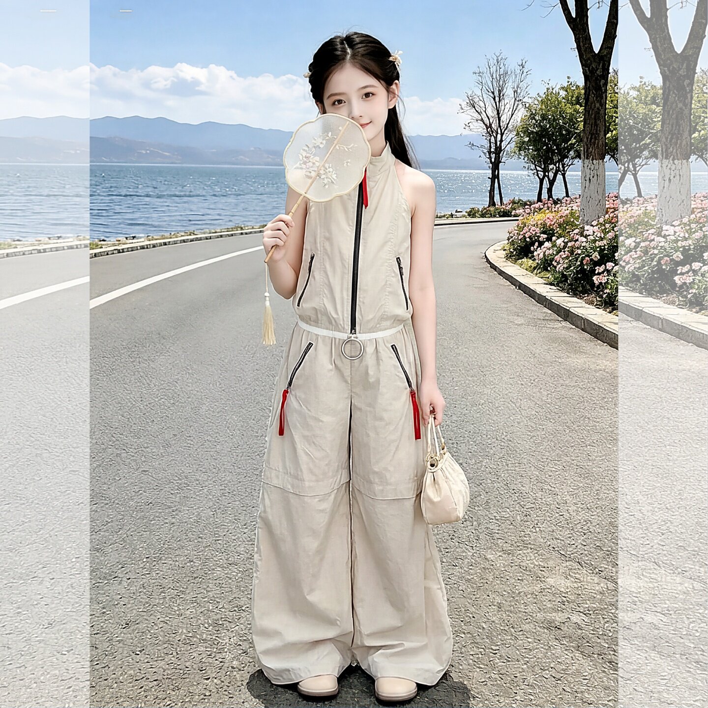 女童2026夏季新款时尚挂脖休闲个性中大童穿搭洋气工装阔腿裤套装