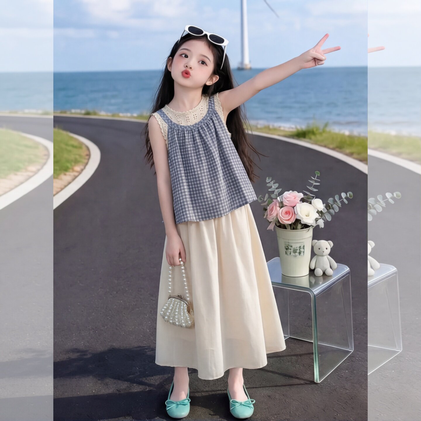 女童蕾丝格子夏套装2026新款