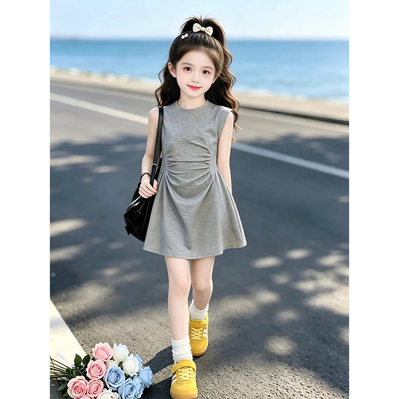 女童收腰连衣裙夏季2026新款儿童韩系无袖裙子夏装女孩纯色A子裙