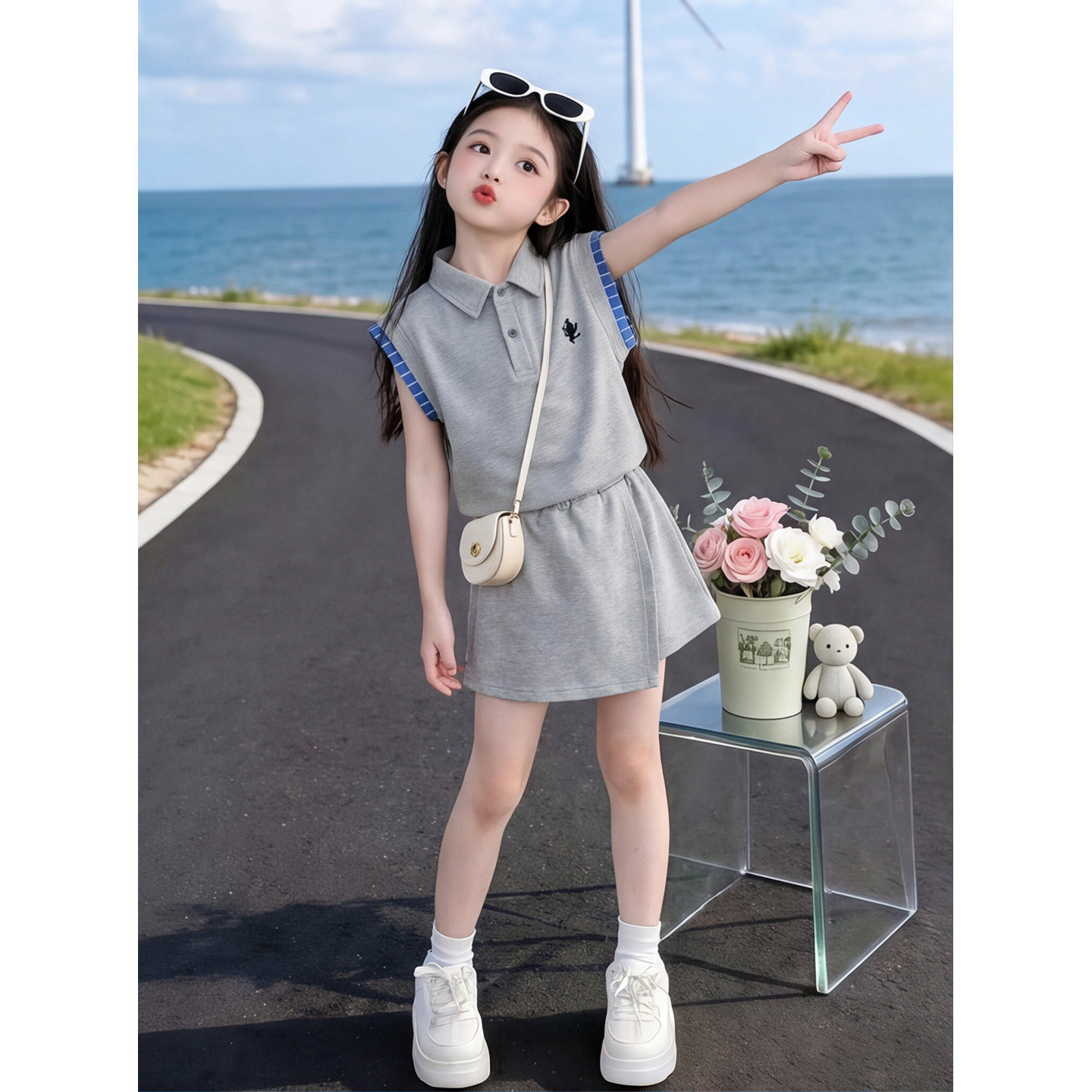 女童夏季超好看套装2026新款女孩时尚网红POLO衫短裤运动风两件套