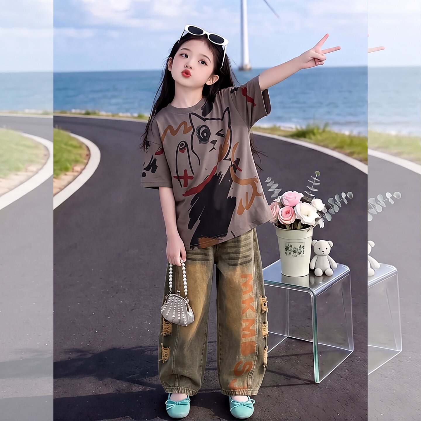 女童夏装短袖T恤牛仔裤两件套装