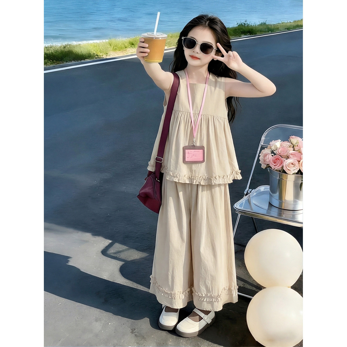 女童花边无袖背心七分裙裤两件套