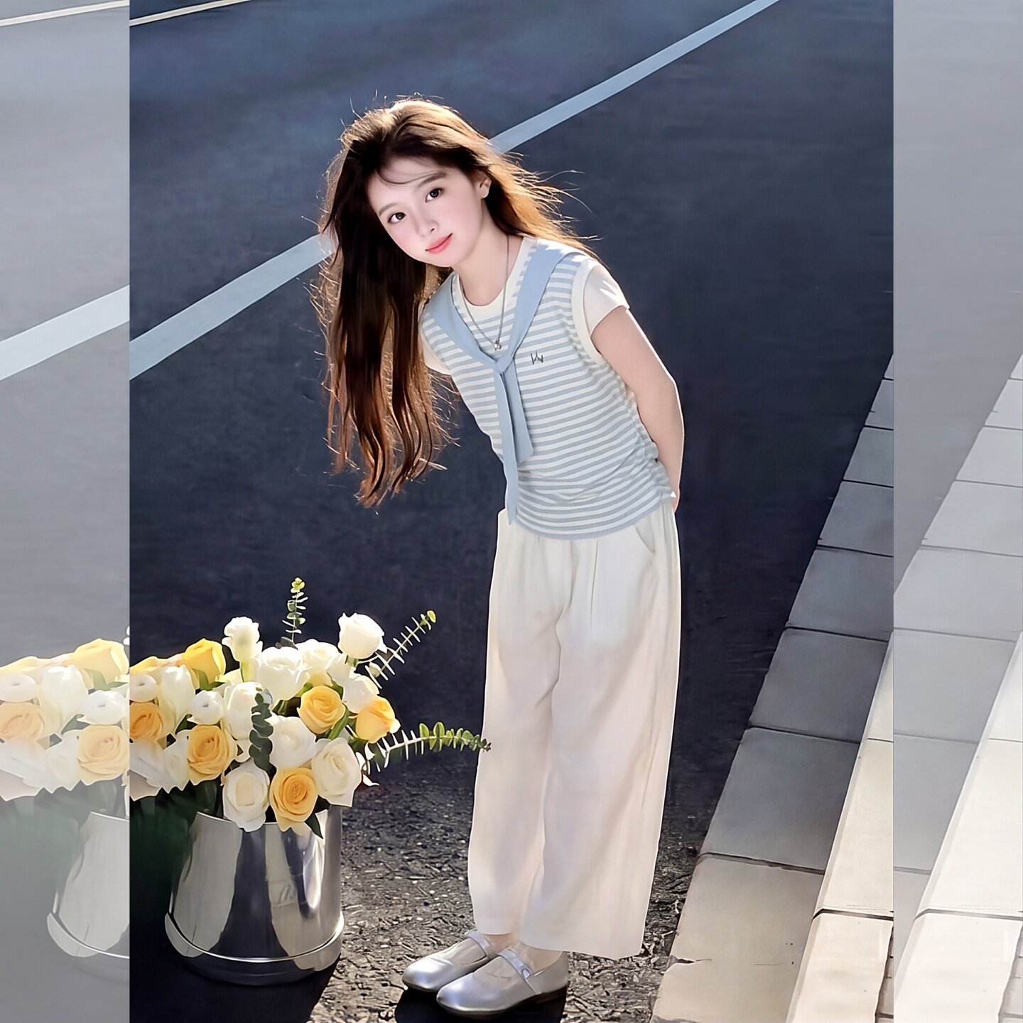 女童条纹短袖套装2026新款韩系儿