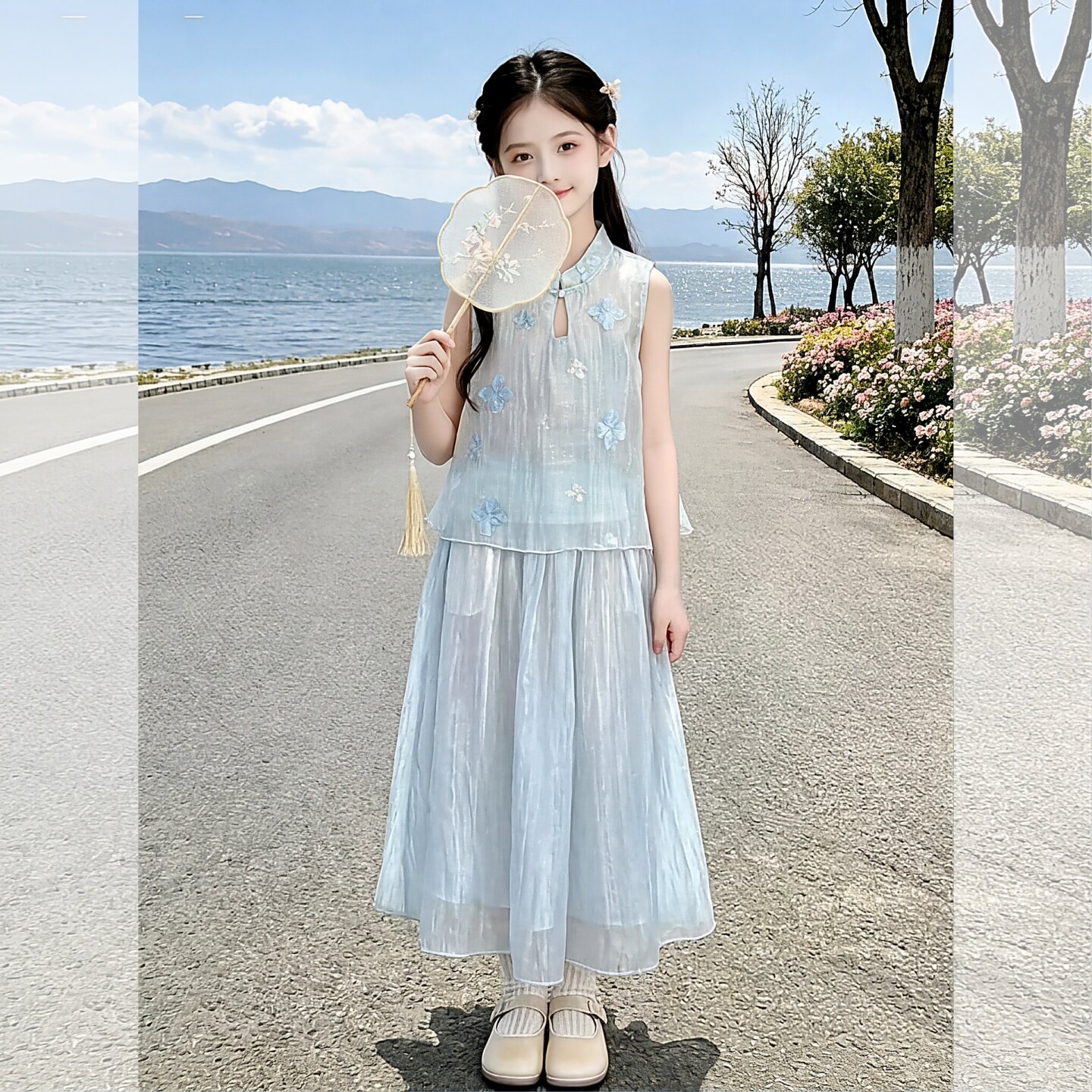 波拉韩女童国风刺绣套装2026新款女孩新中式时尚背心半身裙两件套