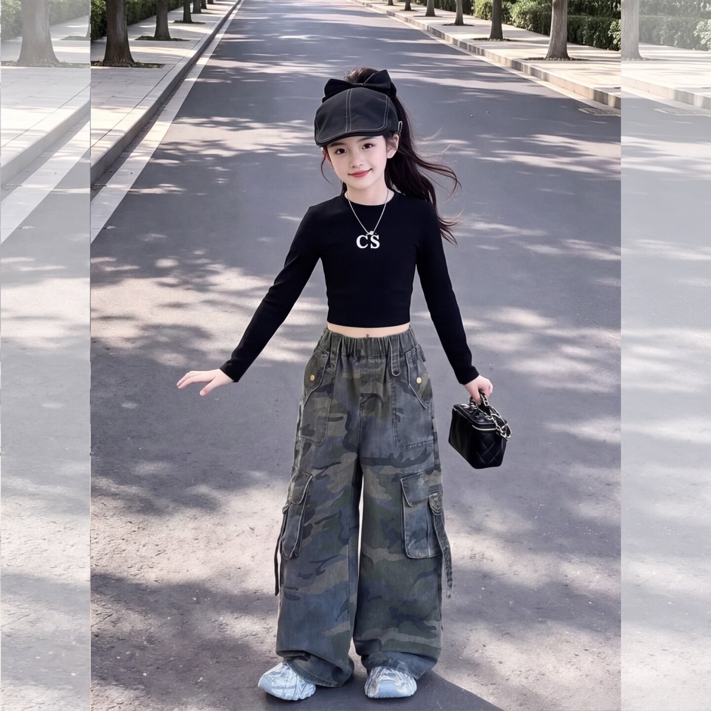 女童套装秋季工装裤女孩迷彩炸街裤时尚新款儿童宽松网红爵士舞裤