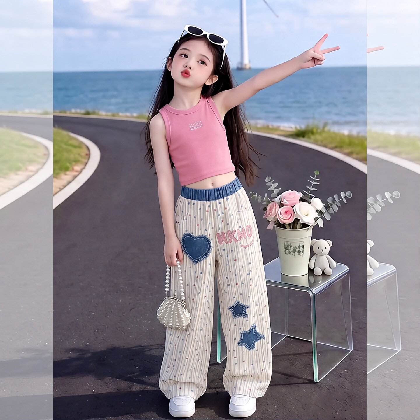 女童夏辣妹无袖背心波点长裤套装