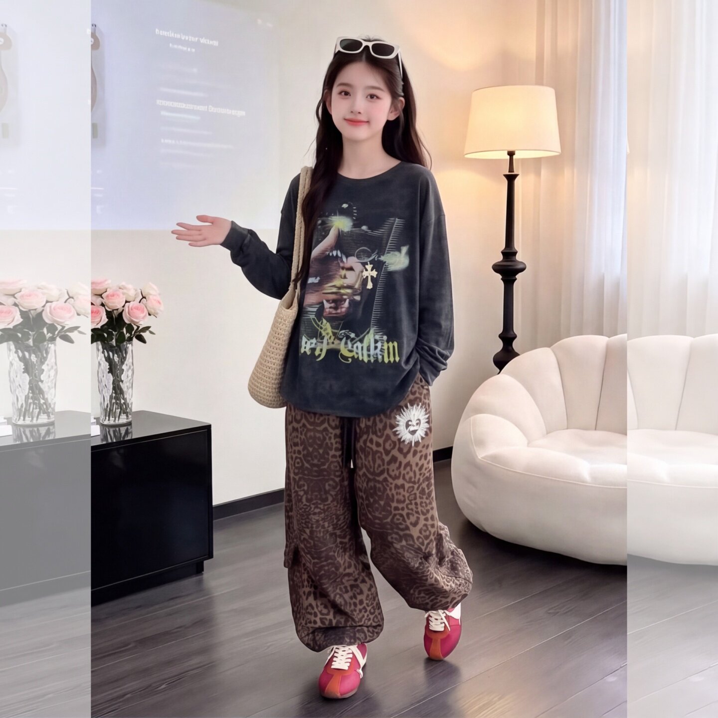 女童秋季款印花卫衣套装2026新款