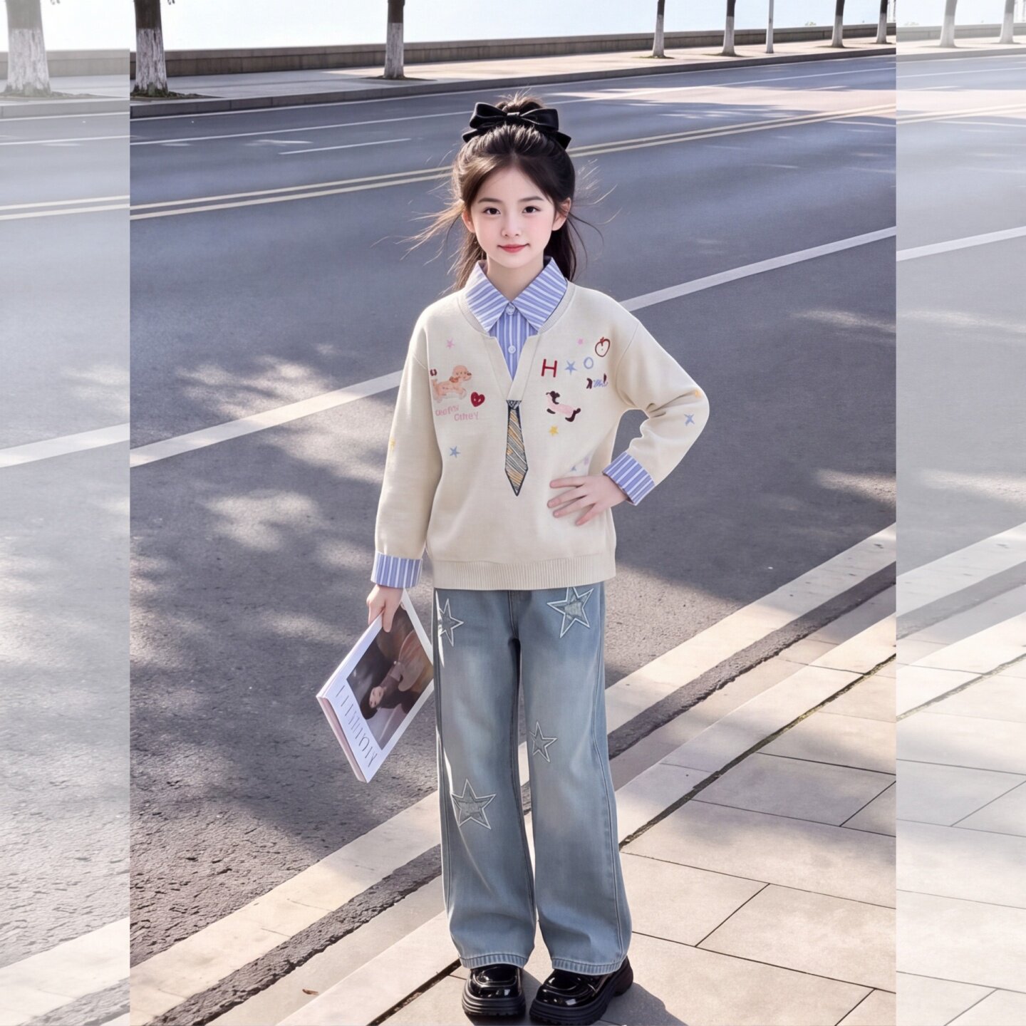 女童套装秋装2026新款衬衫领假两