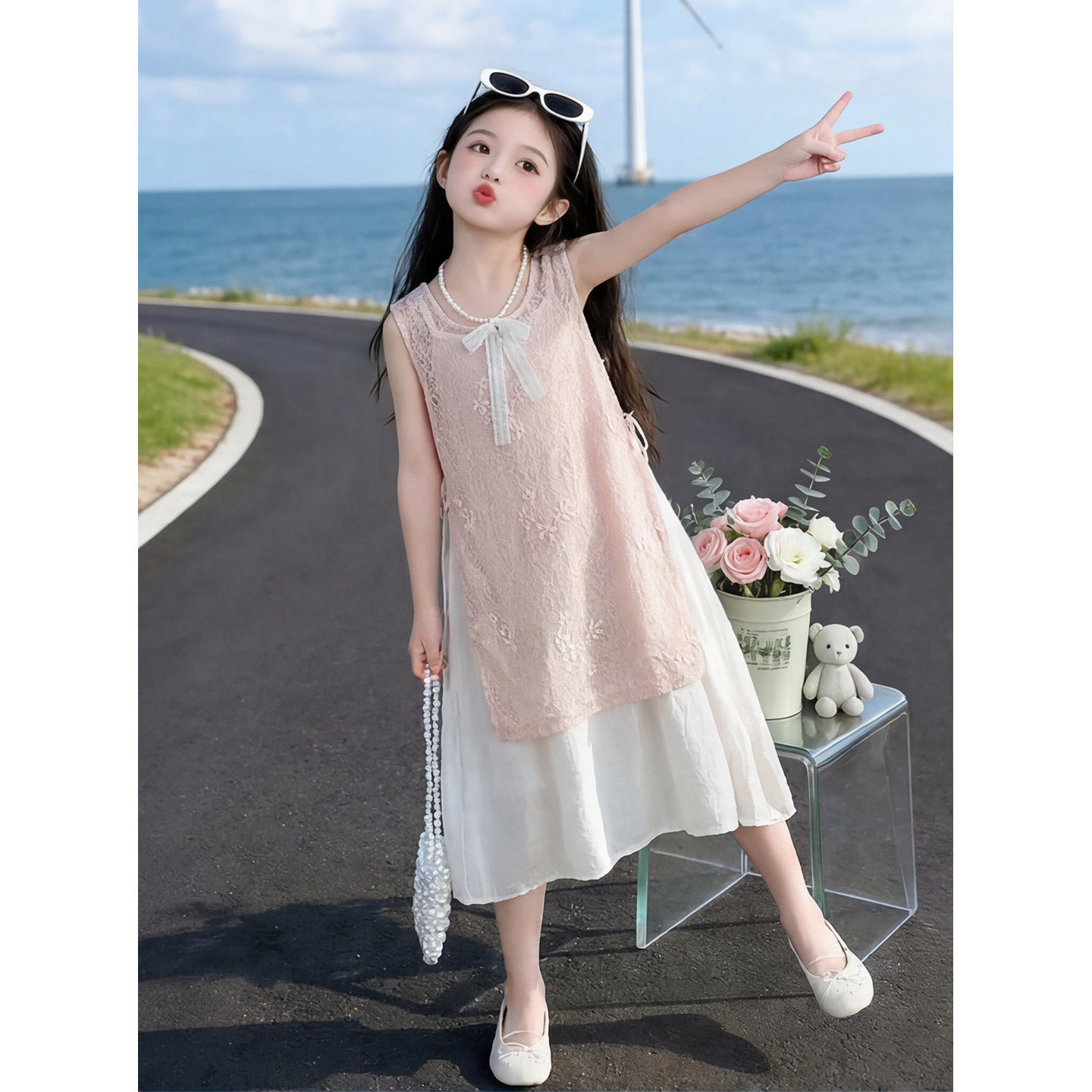 女童夏季甜美公主裙儿童无袖长裙