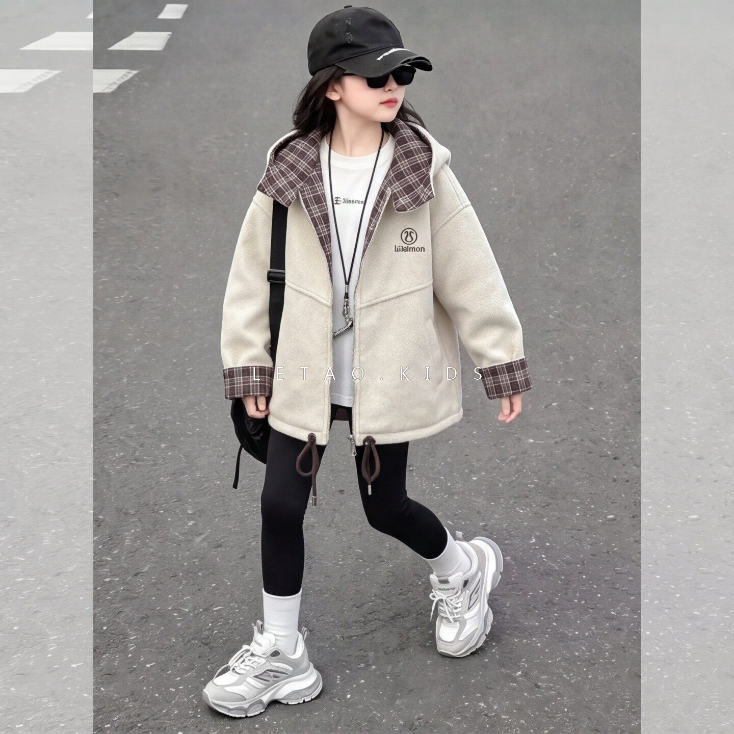 女童格子连帽加厚毛呢外套春秋
