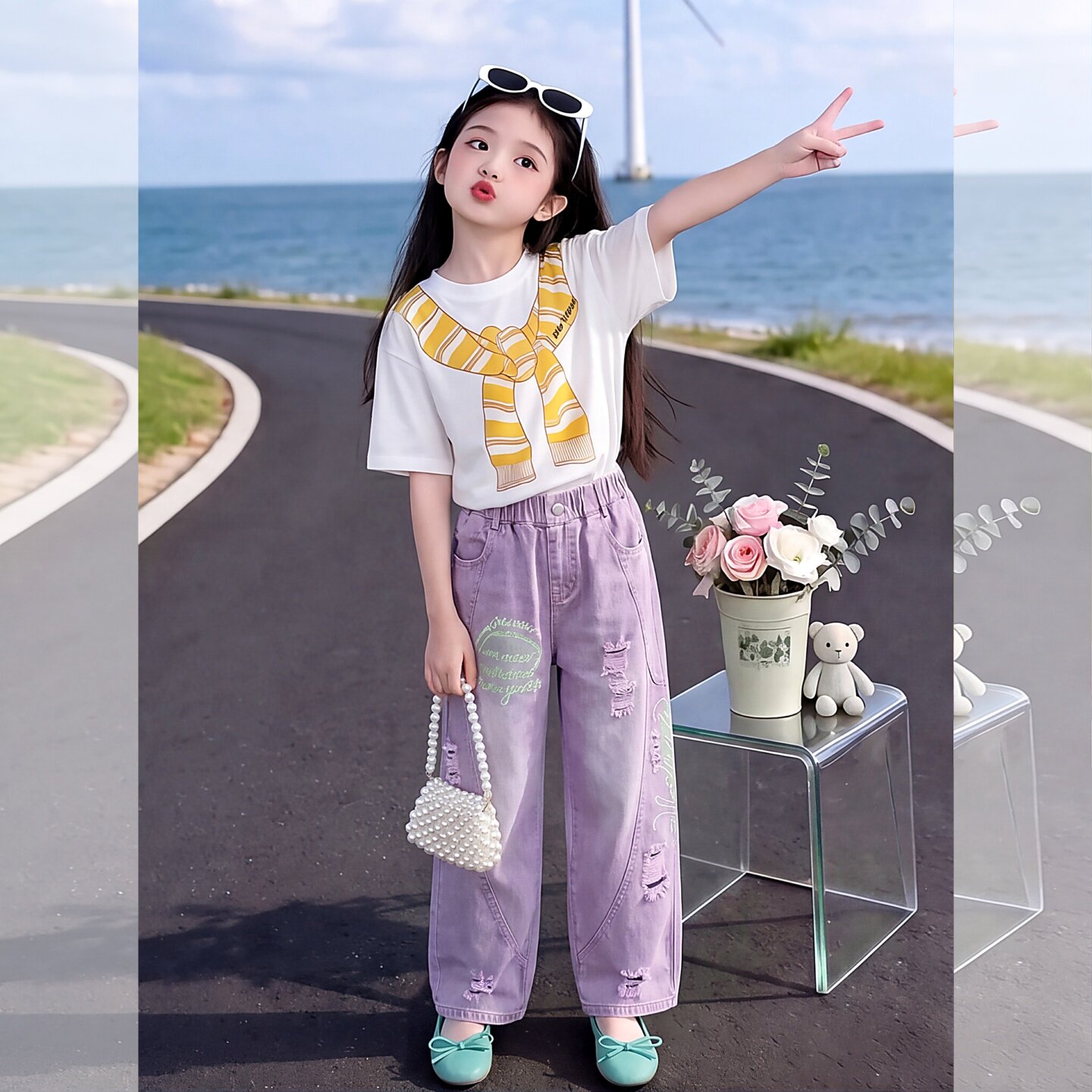 女童浅紫渐变破洞星星阔腿牛仔裤