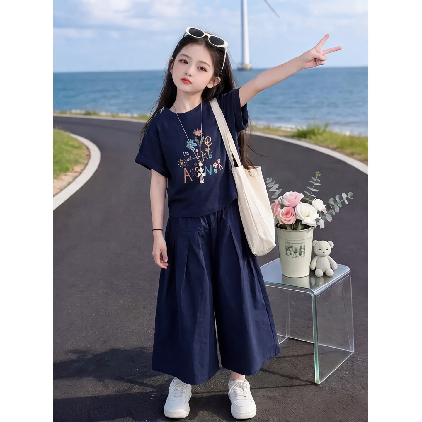 女童夏款短袖阔腿裤七分休闲裤套