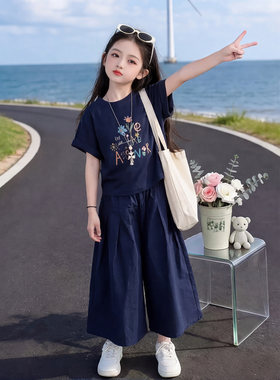 女童夏款短袖阔腿裤七分休闲裤套